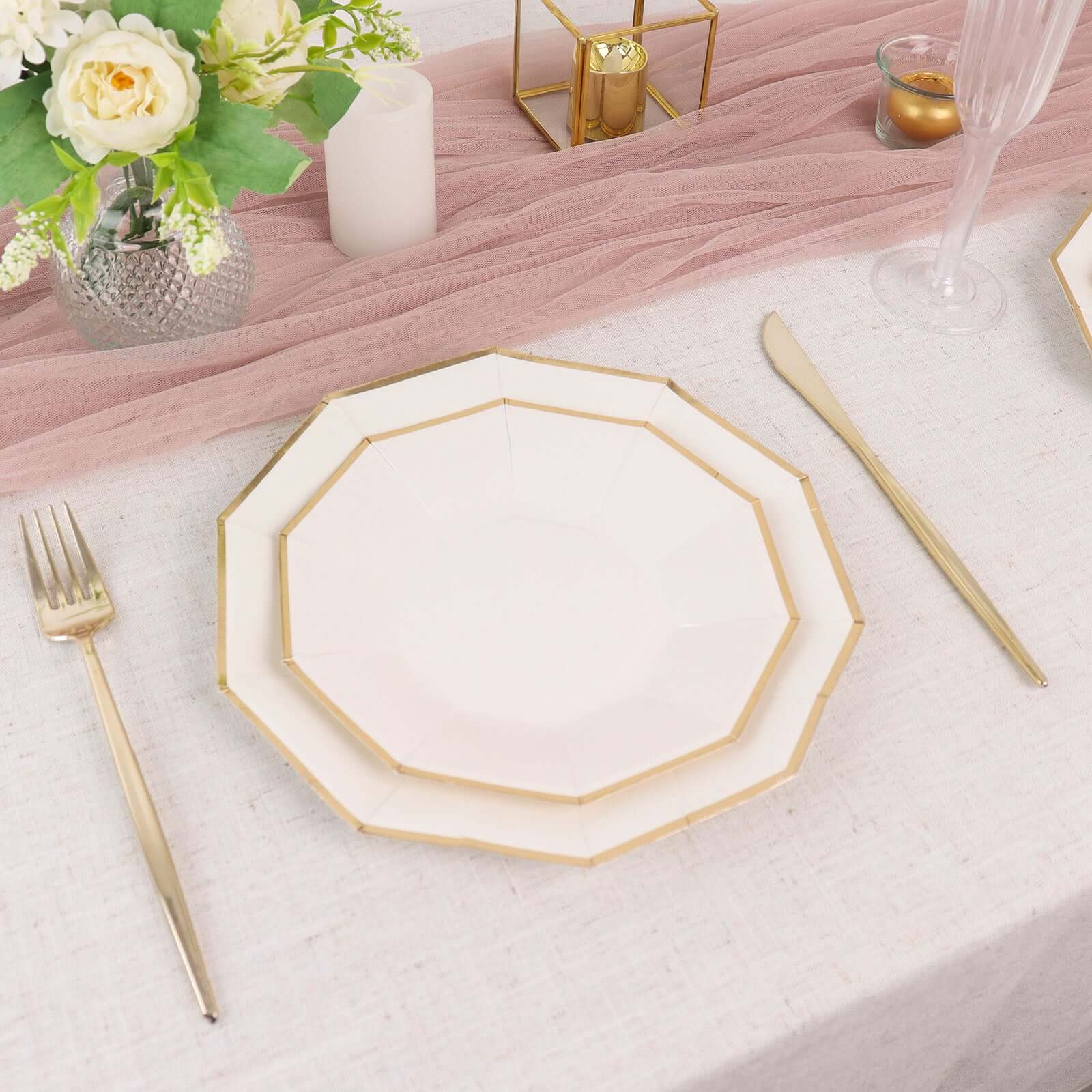 25-Pack Paper 9" Decagon Dinner Plates in White with Gold Foil Rim - Disposable Geometric Party Plates for Modern Weddings & Events