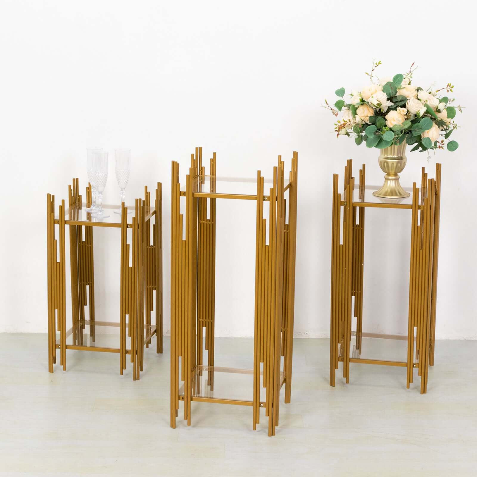 Set of 3 Wedding Pedestal Stands Square Acrylic Plate Design Gold - Metal Flower Display Plinths 26",30",34"