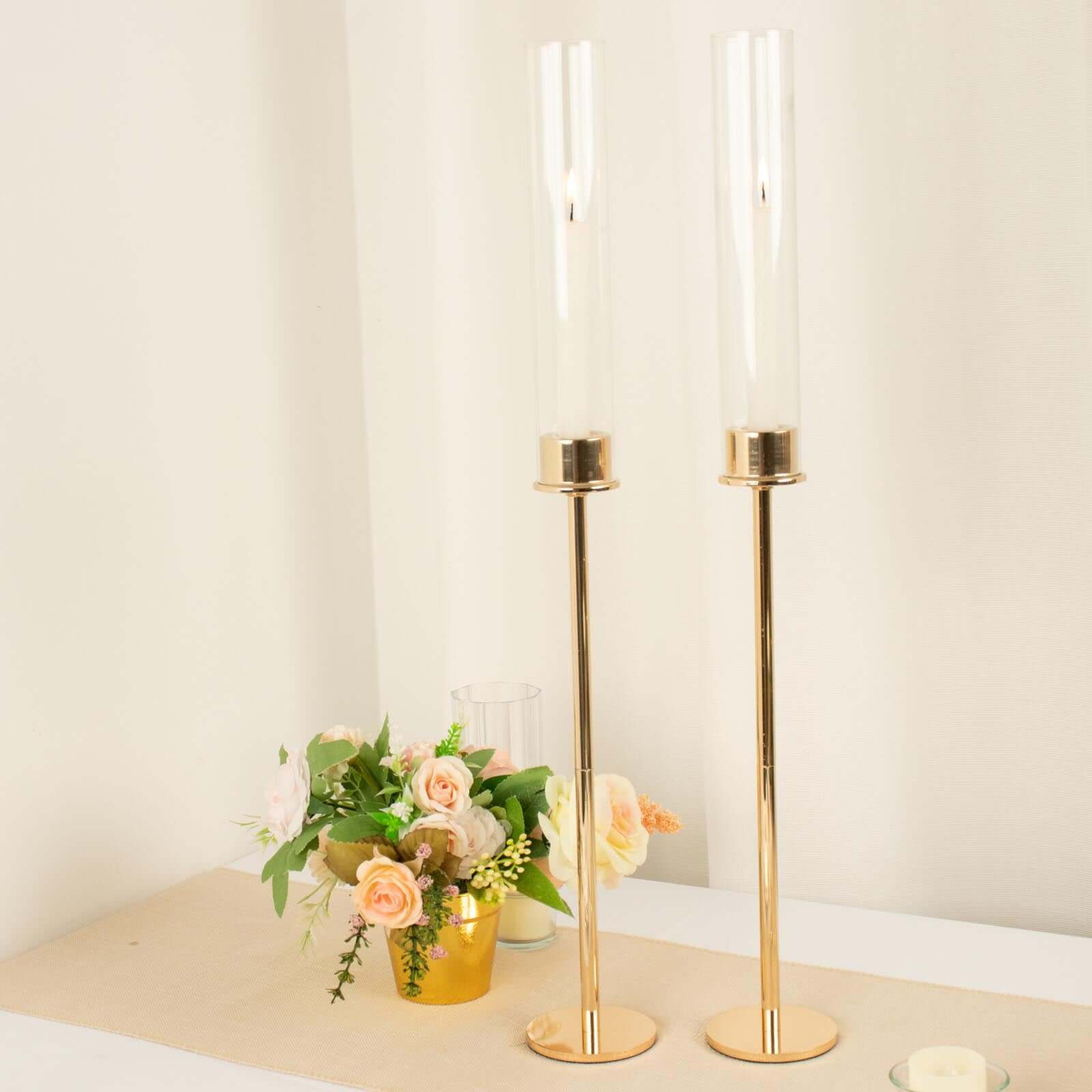 2-Pack Gold Metal Taper Candlestick Holders, Clear Glass Hurricane Candle Stands With Chimney Candle Shades 24"