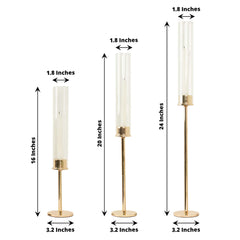 Set of 3 Tall Gold Metal Taper Candlestick Holders, Clear Glass Hurricane Candle Stands With Chimney Candle Shades 16", 20", 24"