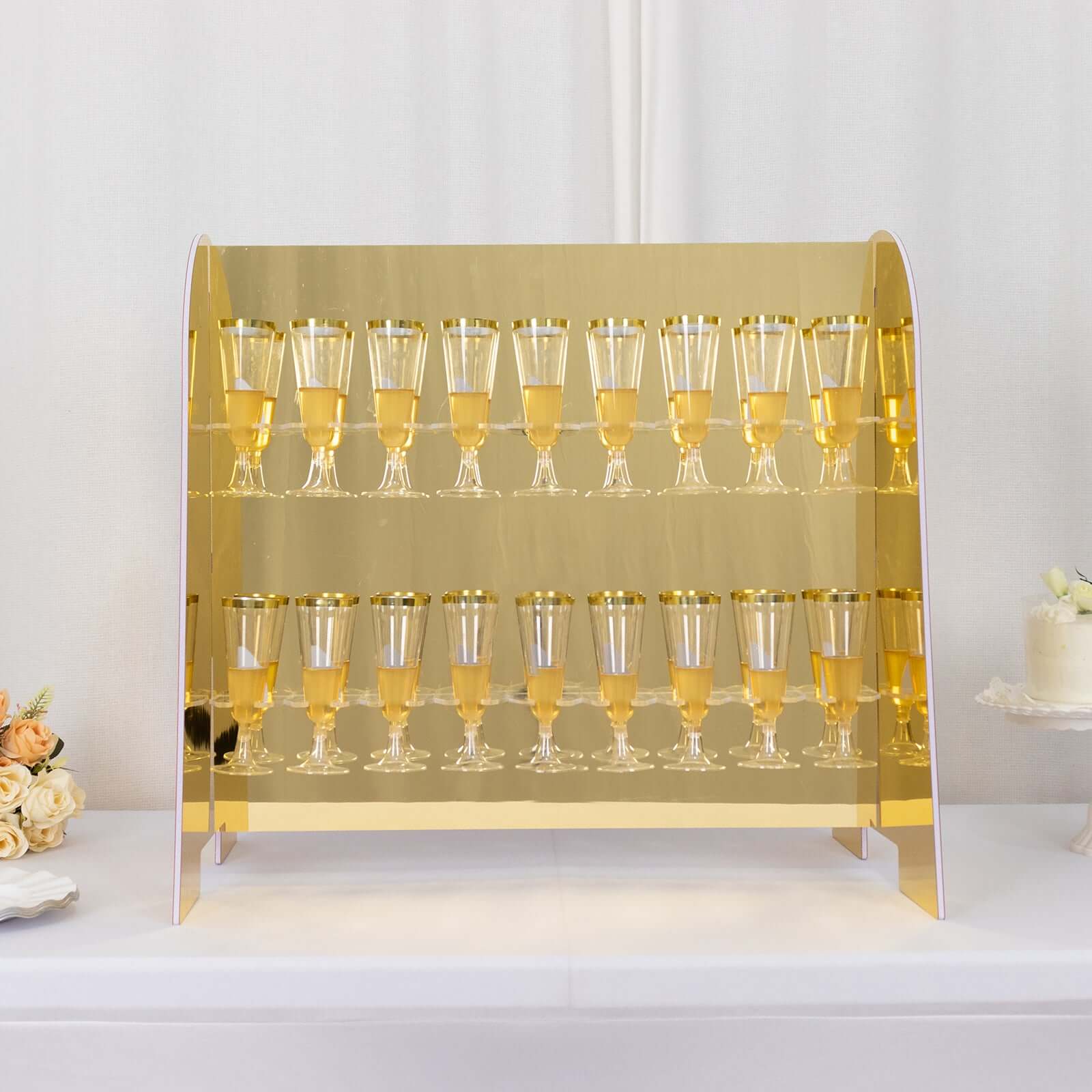 2-Tier Champagne Glass Holder Display Stand Table Top in Gold Mirror Finish - Modern Stemware Rack Cocktail Drink Holder with 18 Hooks for Events & DIY Bars 25"