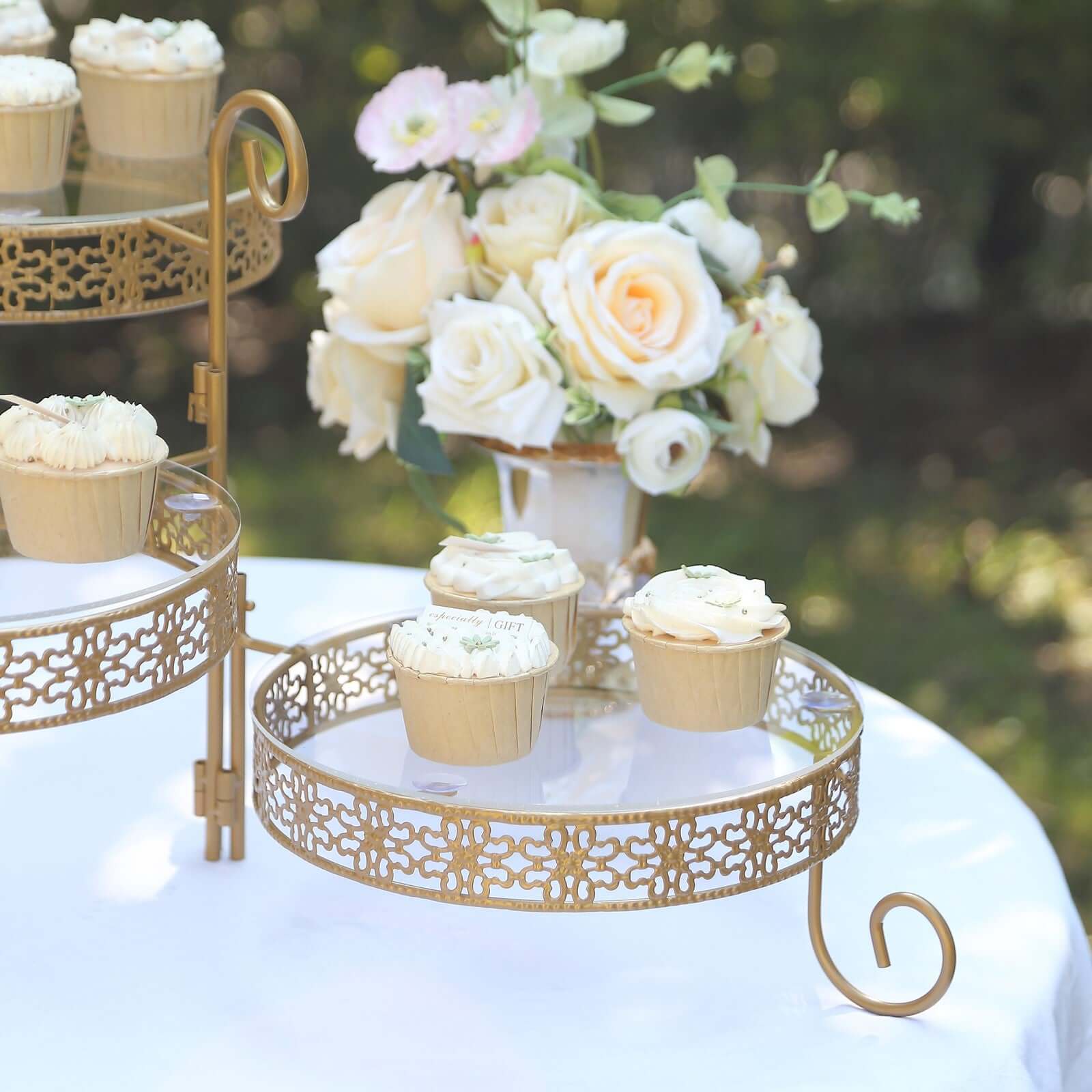 3-Tier Metal Rotating Cupcake Stand with Clear Acrylic Round Plates Gold - Hollow Lace Design Dessert Display 28"