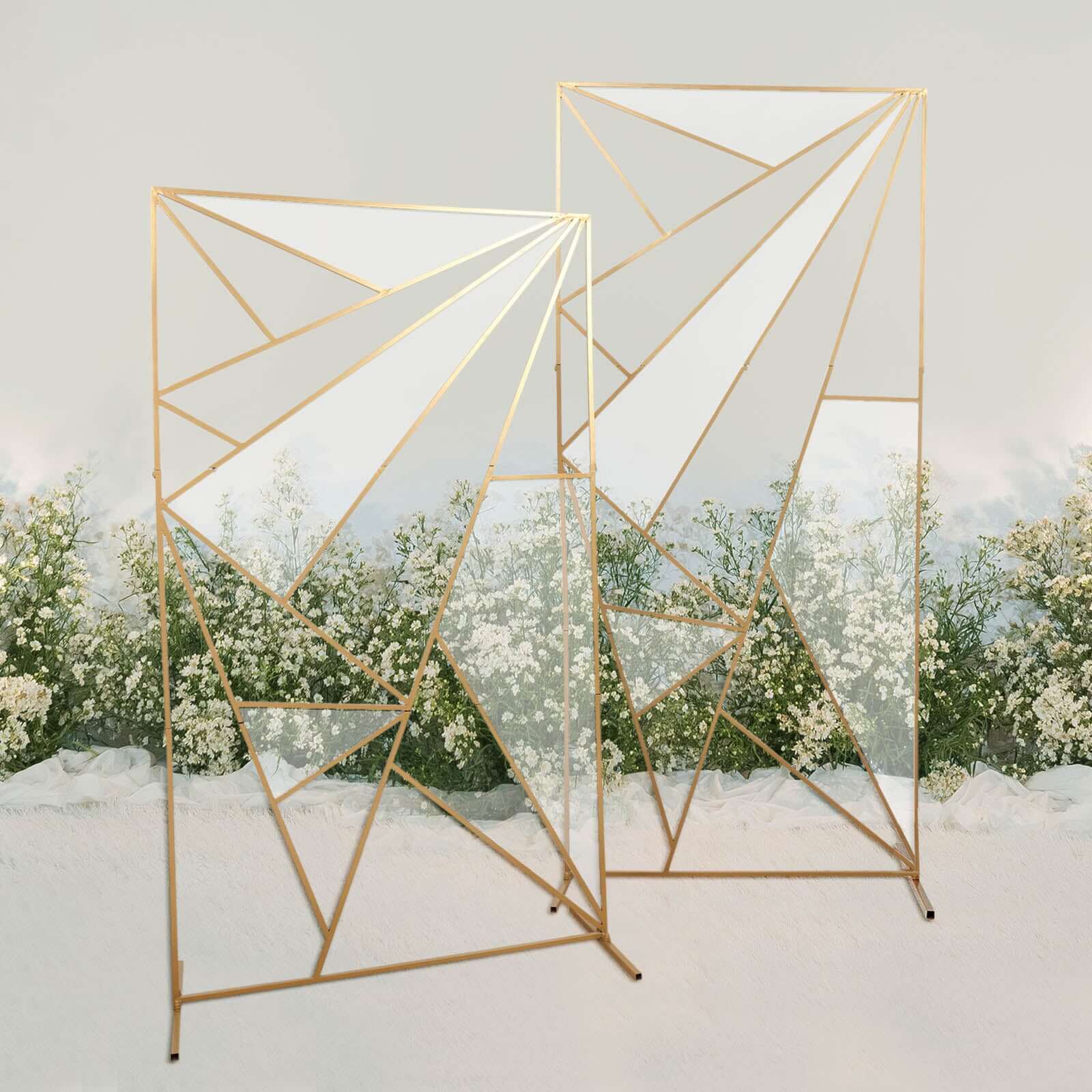 6ft Tall Gold Metal Rectangular Geometric Flower Frame Prop Stand, Wedding Backdrop Floor Stand With Cloudy Film Insert