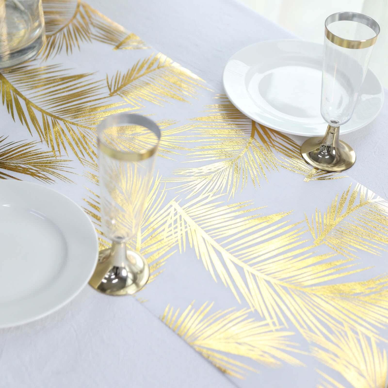 Disposable Table Runner Roll 108" Metallic Gold Foil Palm Leaves Print - Chic Non-Woven Tropical Table Decor for Events