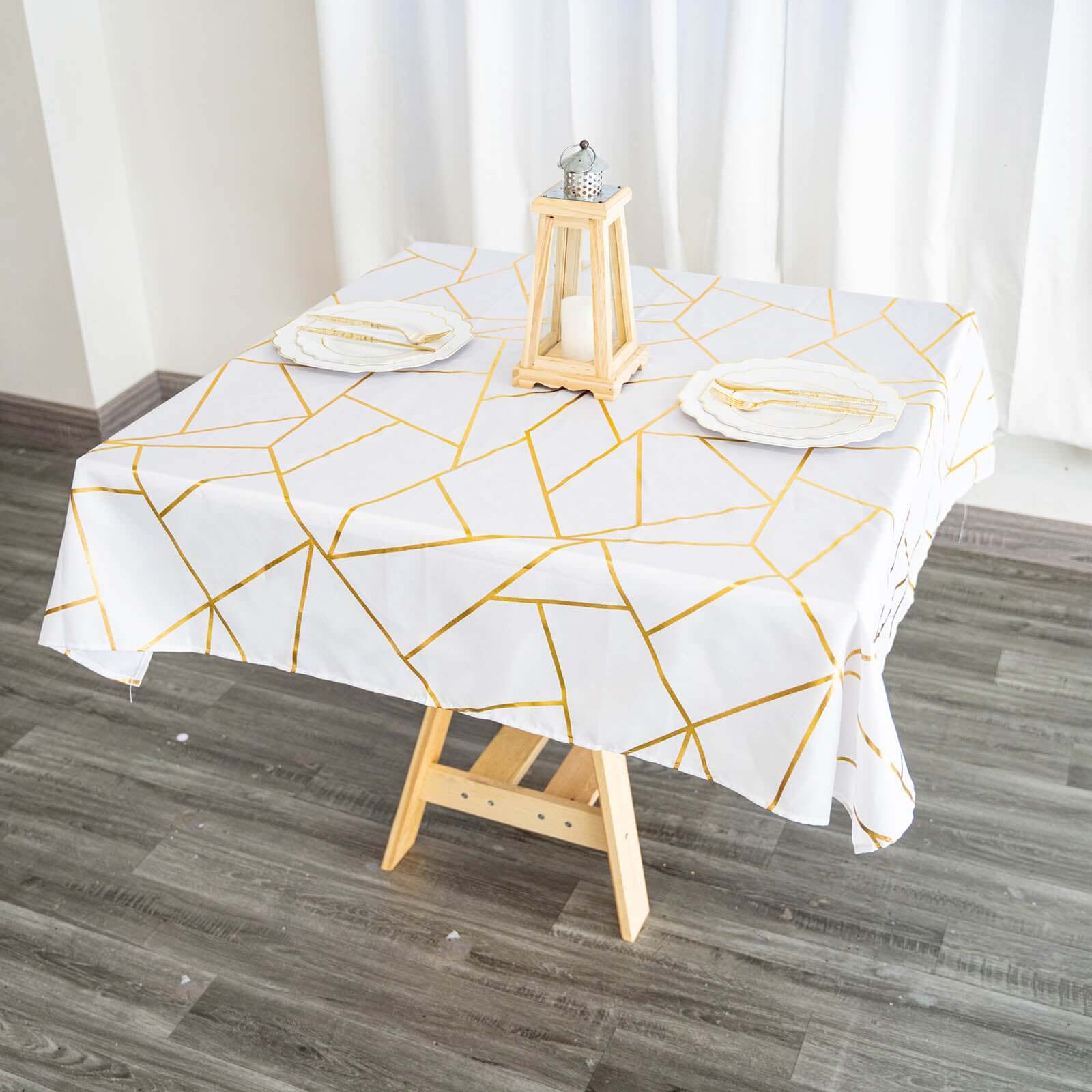 Polyester 54"x54" Square Tablecloth White with Gold Foil Geometric Pattern - Wrinkle-Resistant & Durable for Stylish Settings