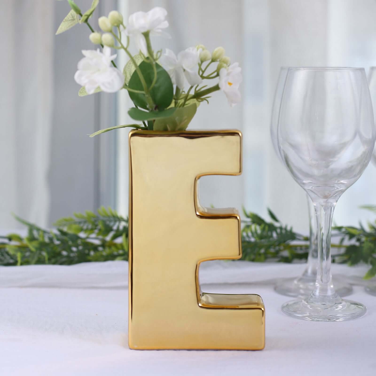 Shiny Ceramic Vase Letter "E" Gold Plated - Chic Bud Planter Pot for Events & Decor 6"
