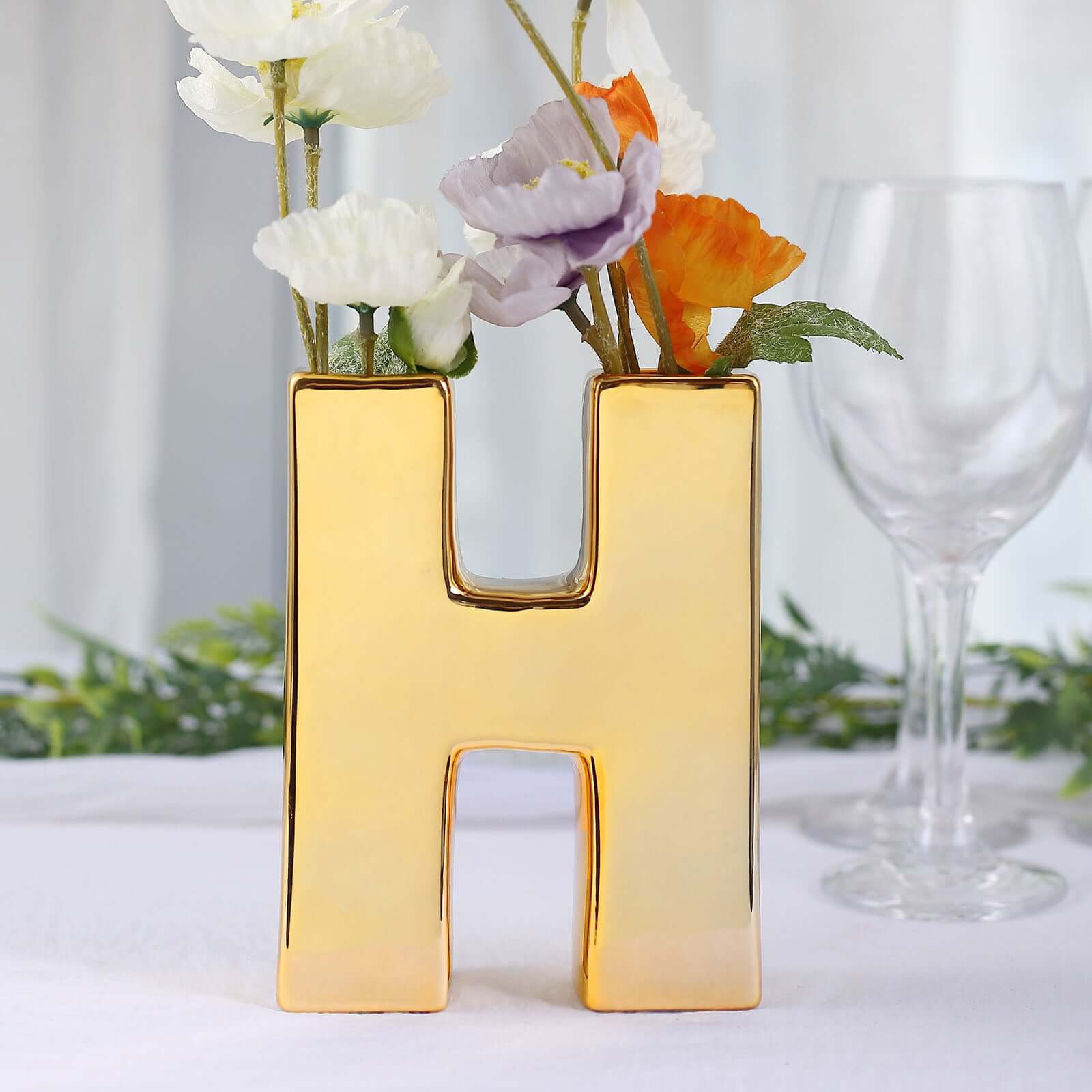 Shiny Ceramic Vase Letter "H" Gold Plated - Chic Bud Planter Pot for Events & Decor 6"