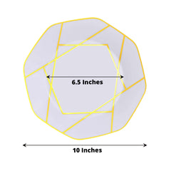 10-Pack Plastic 10" Octagon Dinner Plates in White - Modern Disposable Party Plates with Gold Geometric Design for Special Occasions & Celebrations