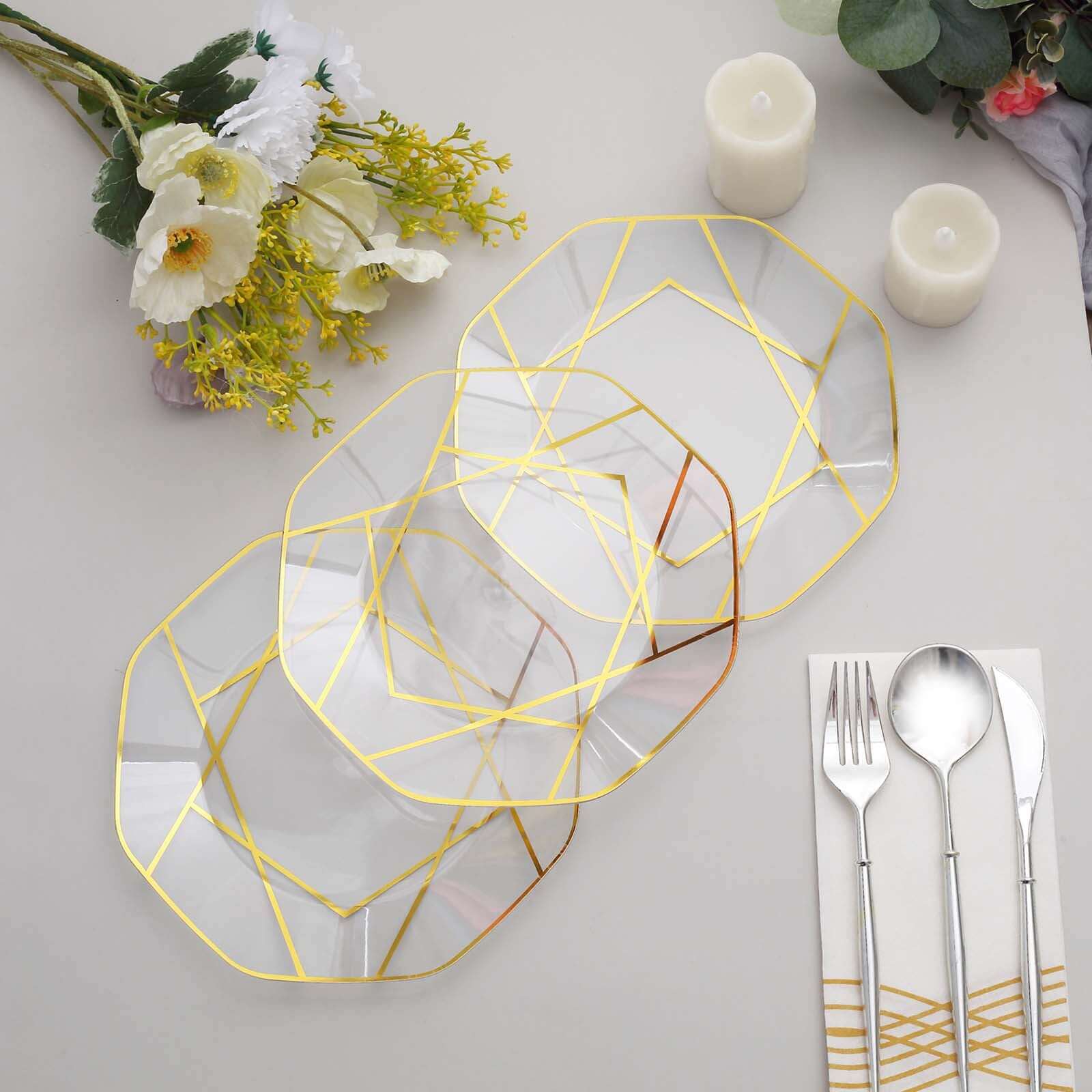 10-Pack Plastic 8" Octagon Dessert Plates in Clear - Modern Disposable Salad/Appetizer Plates with Gold Geometric Design for Special Occasions & Celebrations