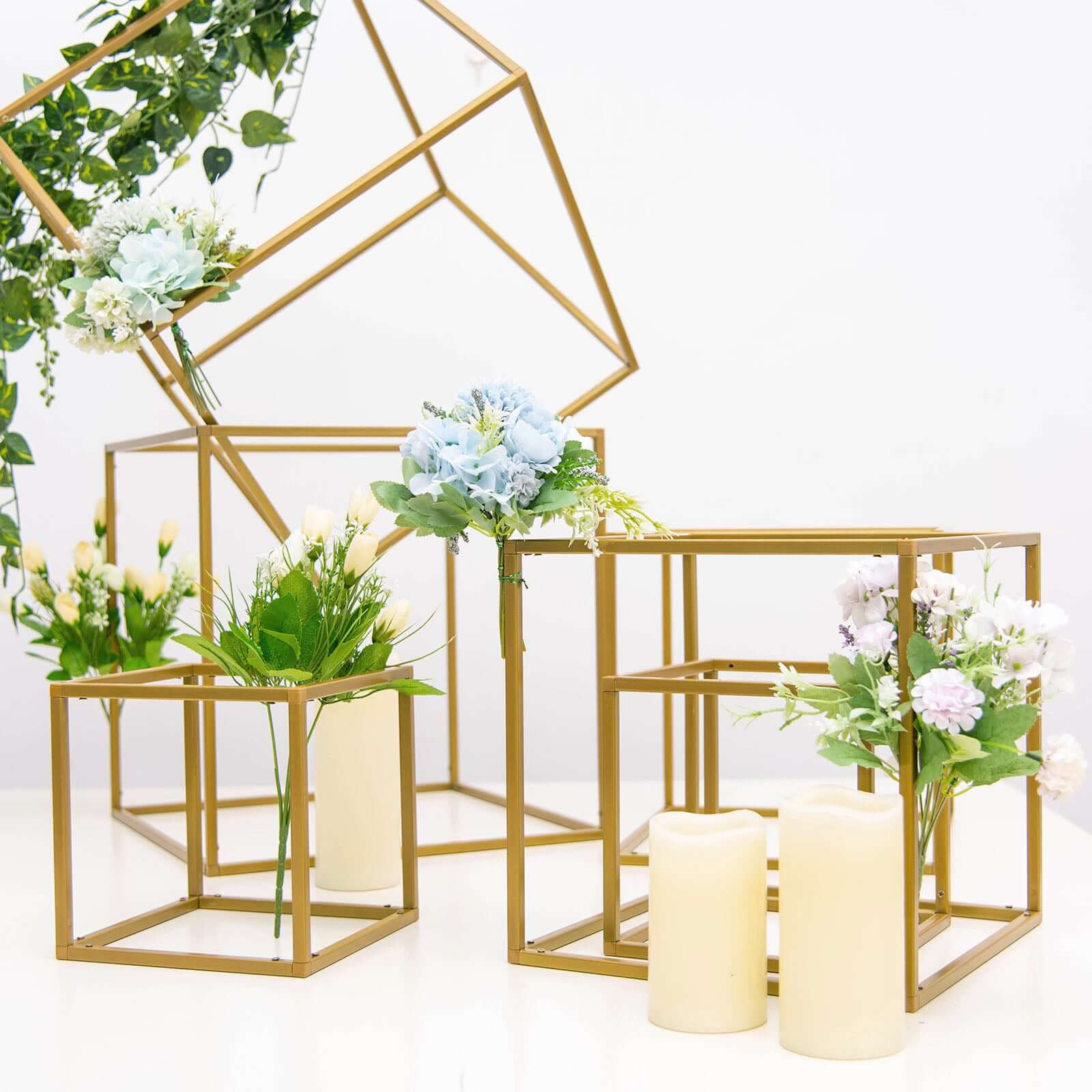 2-Pack Metal Flower Stands Gold Geometric Wedding Centerpieces Square Frame - Durable Display 12"