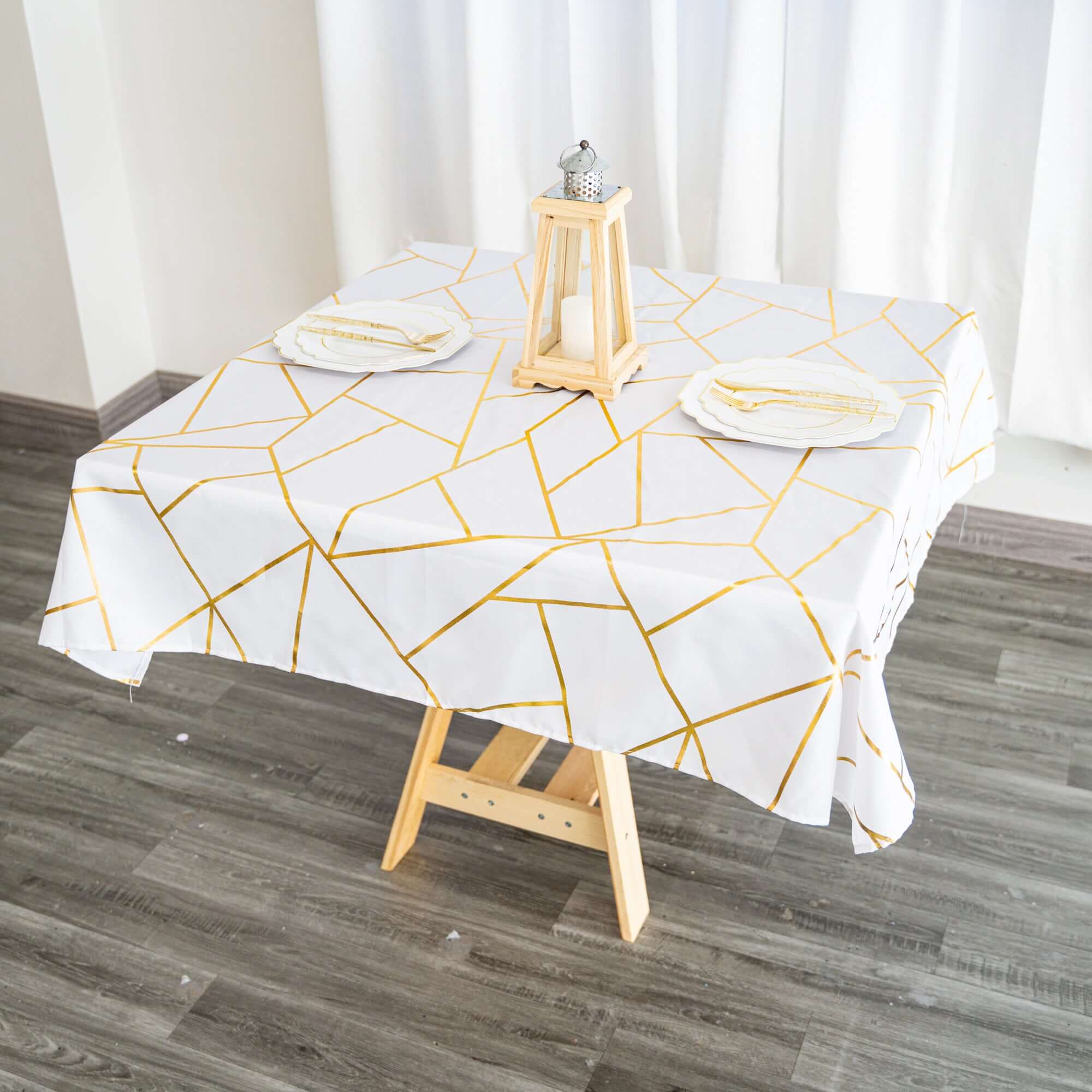 Polyester 54"x54" Table Overlay Square Tablecloth White with Gold Foil Geometric Pattern - Wrinkle-Resistant & Durable for Stylish Settings
