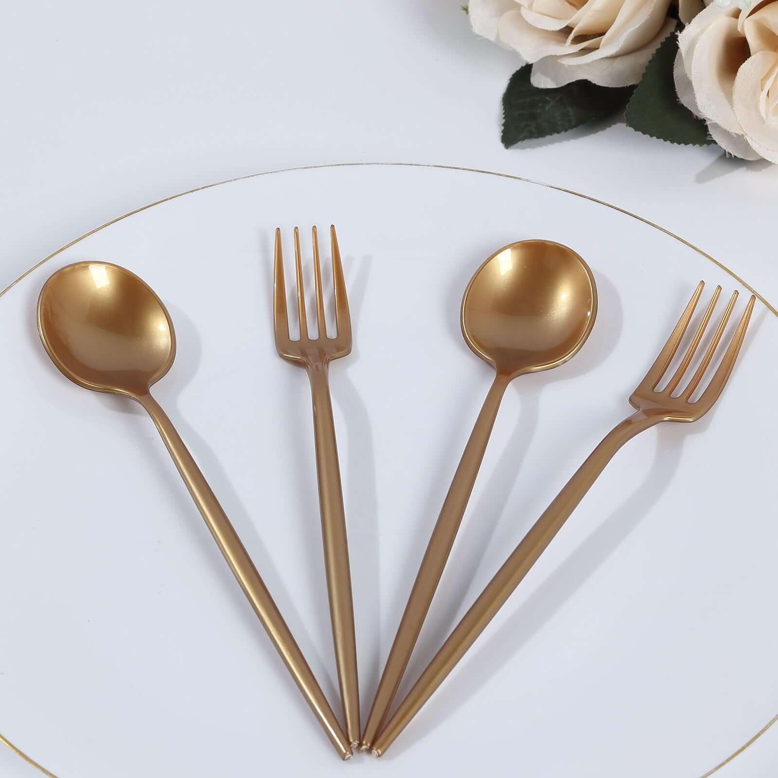 50-Pack Plastic Dessert Forks and Spoons with Gold Shiny Finish - Heavy Duty Disposable Silverware