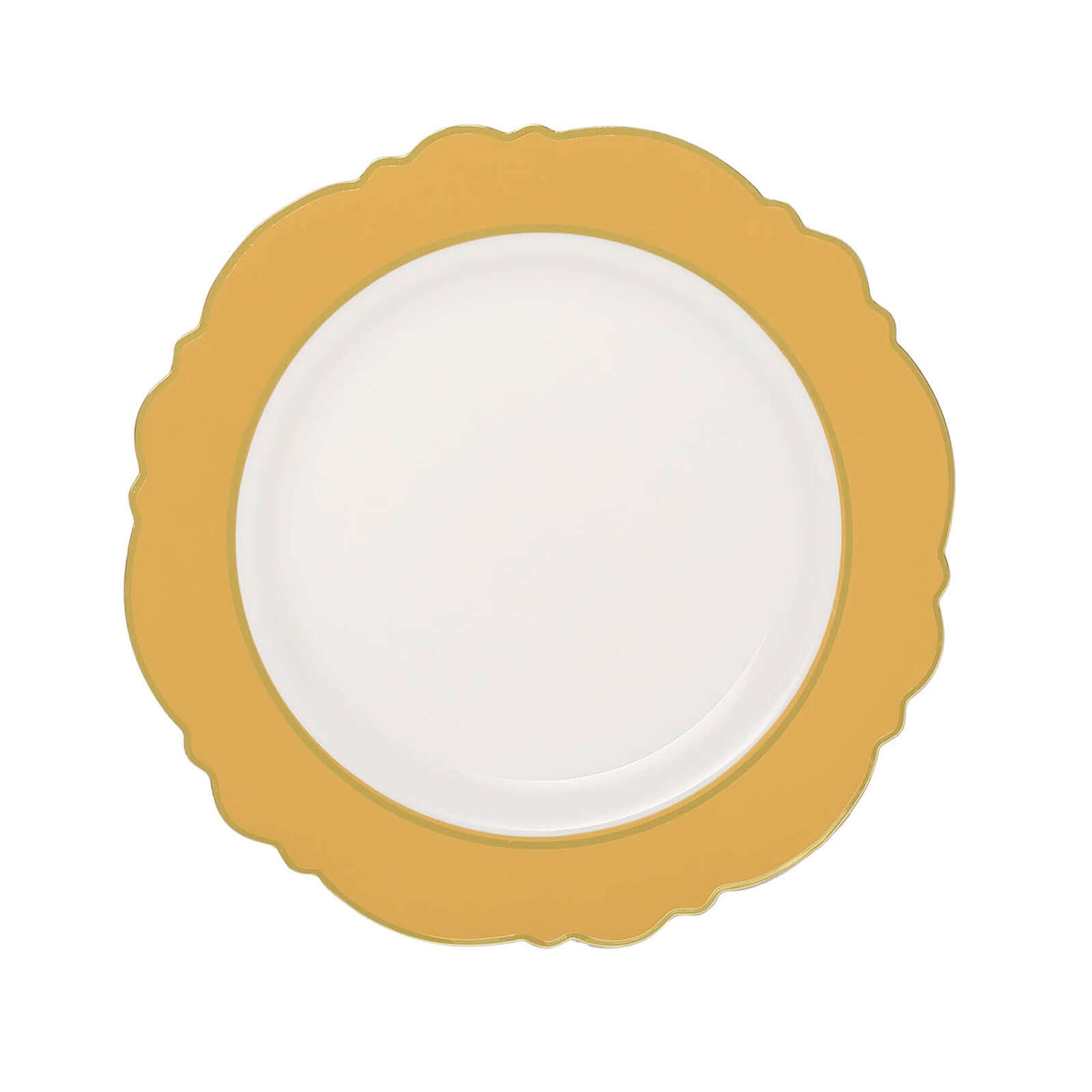 10-Pack Plastic 10" Round Dinner Plates in White with Gold Blossom Design & Gold Edging - Disposable Party Plates for Modern & Classy Table Decor