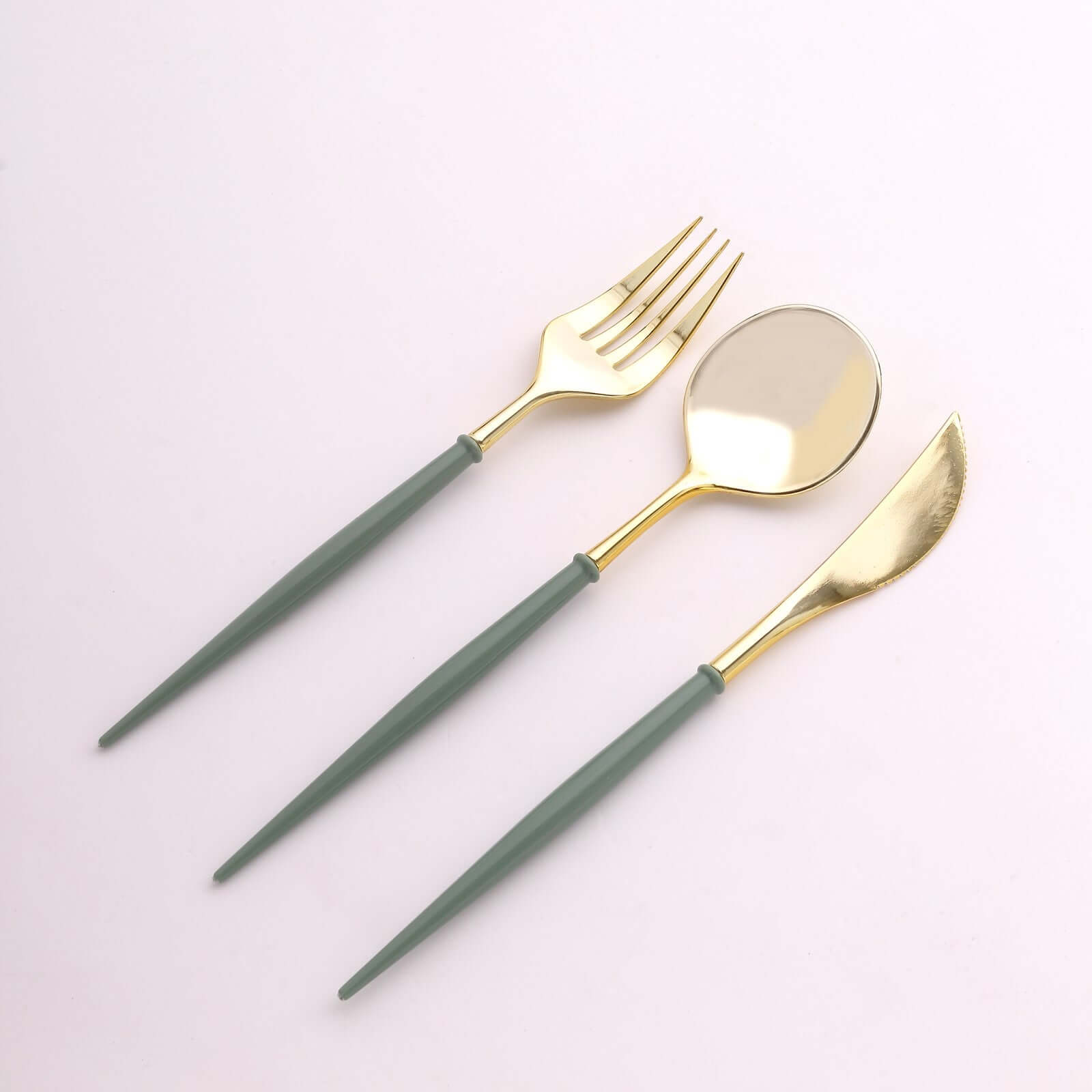 24-Pack Plastic Flatware Set in Metallic Gold with Dusty Sage Green Handle - Heavy Duty Disposable Modern Silverware 8"