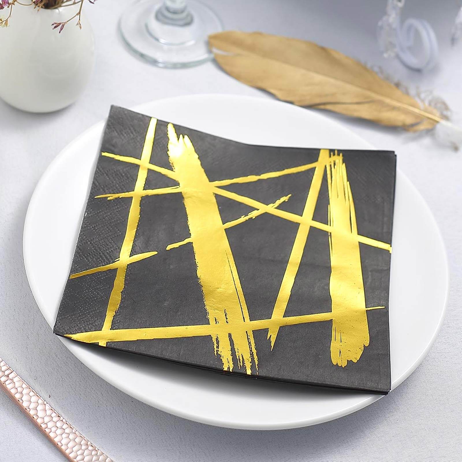 20-Pack Paper Dinner Napkins Black with Metallic Gold Streak Design - Stylish 3 Ply Disposable Cocktail Napkins for Weddings