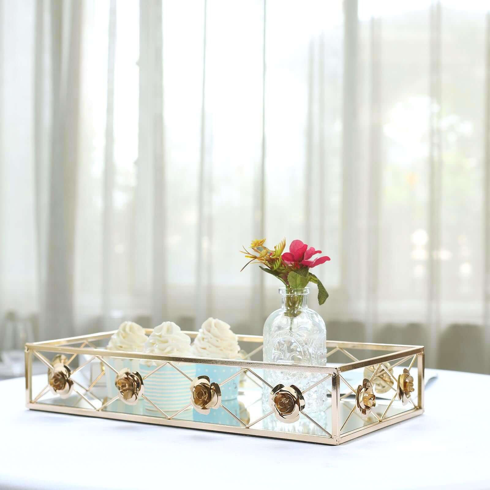 Set of 2 Metal Mirrored Rectangle Serving Trays in Gold with Rose Borders, Glamorous Decorative Vanity Tray Centerpiece 15"x8", 19"x12"