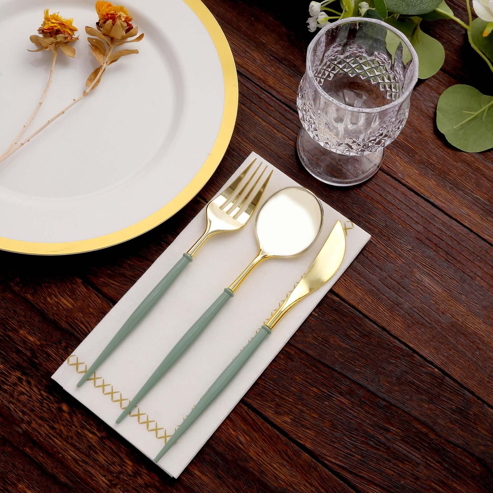 24-Pack Plastic Flatware Set in Metallic Gold with Dusty Sage Green Handle - Heavy Duty Disposable Modern Silverware 8"