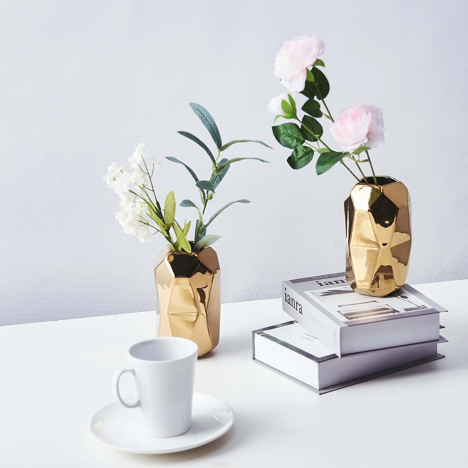 2-Pack Ceramic Cylinder Vases Metallic Gold Geometric - Stylish Modern Decor for Floral Arrangements 6"