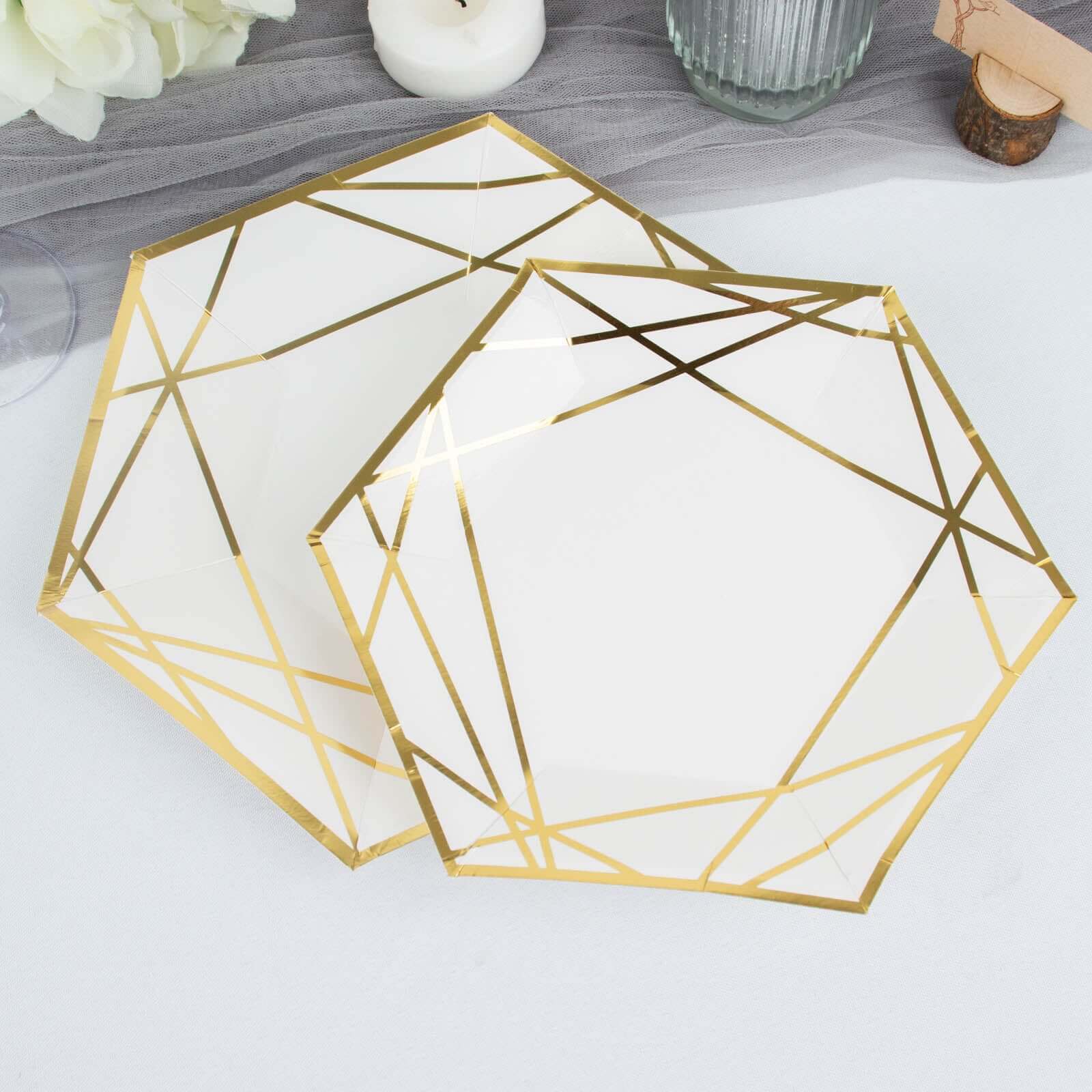 25-Pack Paper 7" Hexagon Dessert Plates in White with Gold Geometric Lines & Rim - Stylish Disposable Geometric 300GSM Appetizer Salad Plates for Events & Banquets
