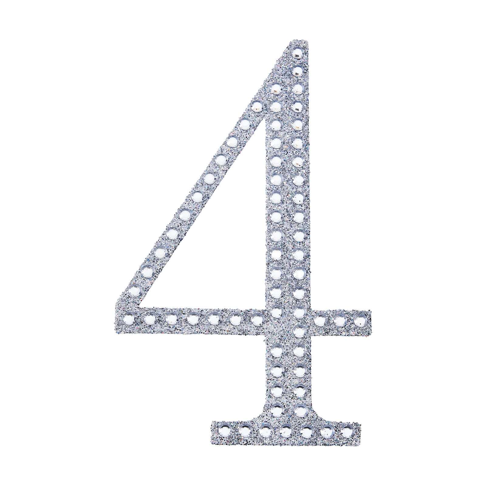 Decorative Rhinestone Number "4" Stickers, Glitter Adhesive Craft Numbers Silver DIY Sparkle Embellishments 6"