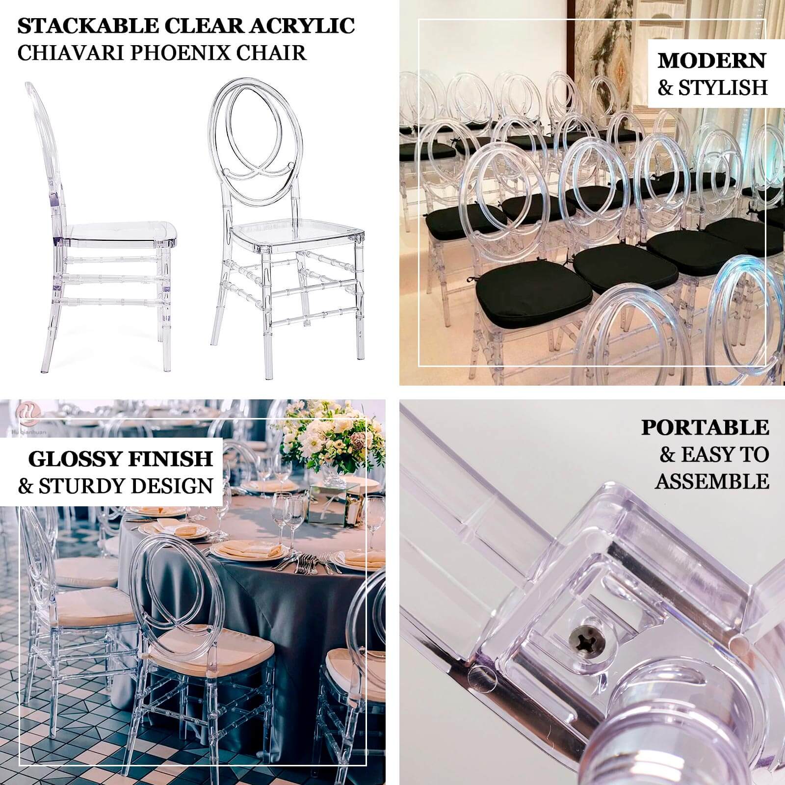 8-Pack Acrylic Stackable Ghost Chairs in Phoenix Chiavari Style Transparent Resin with Oval Back Clear – Sleek Armless Design for Weddings & Gatherings