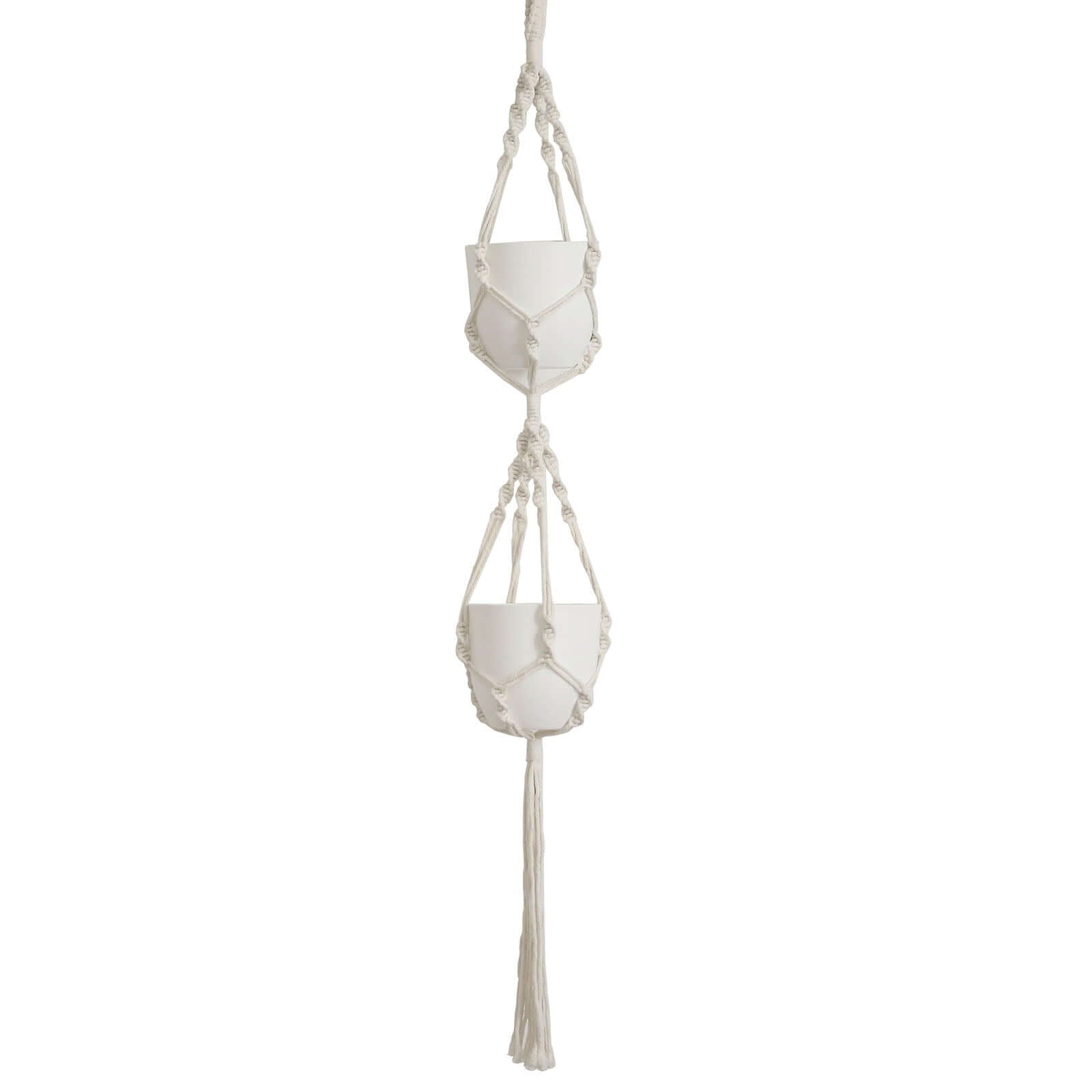 2-Tier Hanging Planter Basket with Tassels Ivory Double Boho Design - Cotton Rope Indoor Decorative Holders