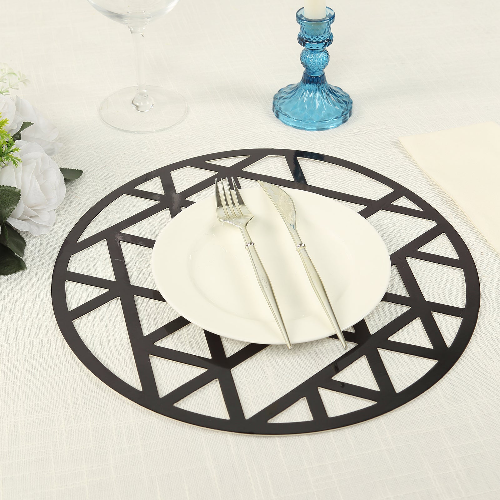 6-Pack Disposable Table Placemats in Black Laser Cut Geometric Triangle Design - 700GSM Cardboard Placemats for Glamorous Table Settings 13"