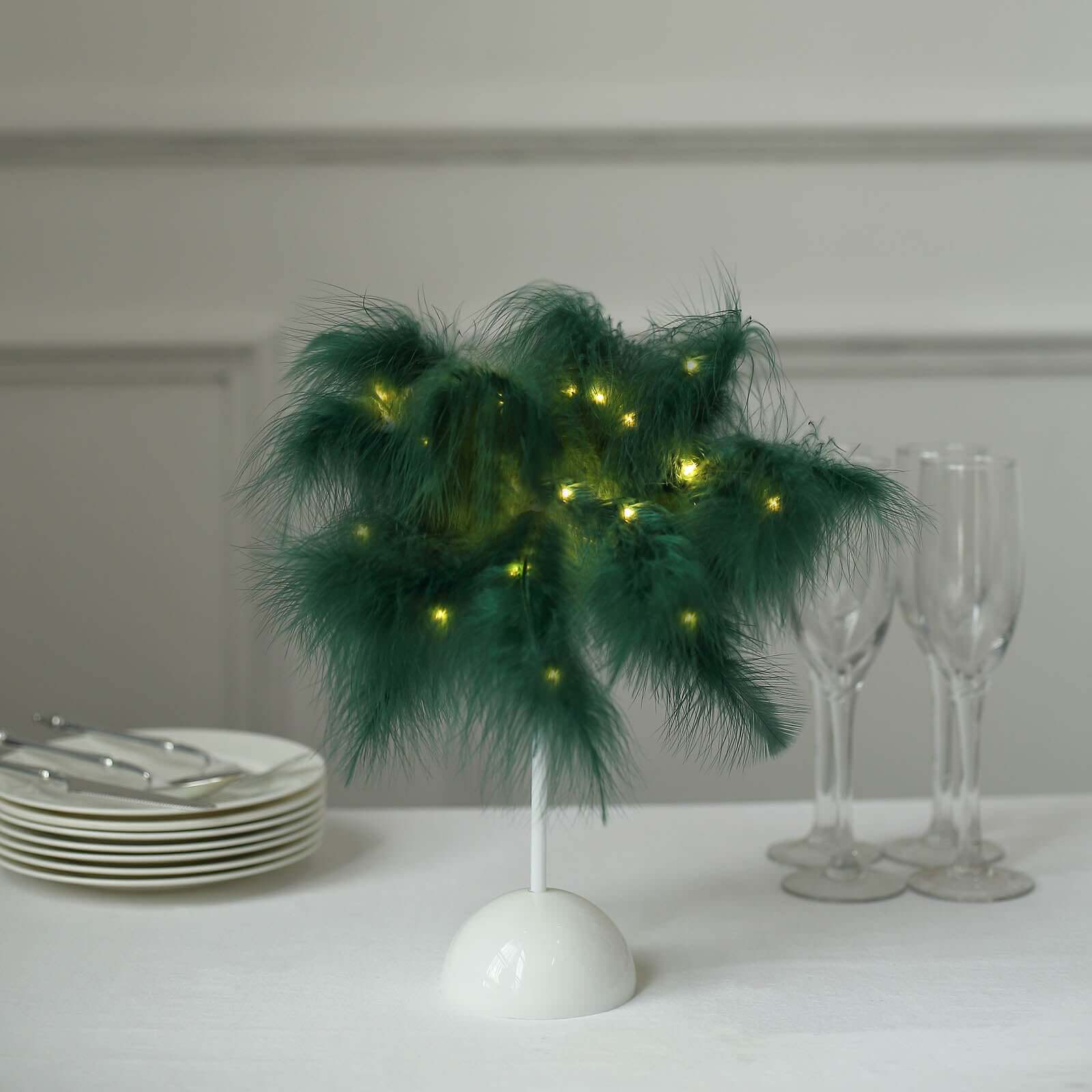 Table Lamp Feather Design Hunter Emerald Green LED Battery Operated - Cordless Wedding Centerpiece 15"