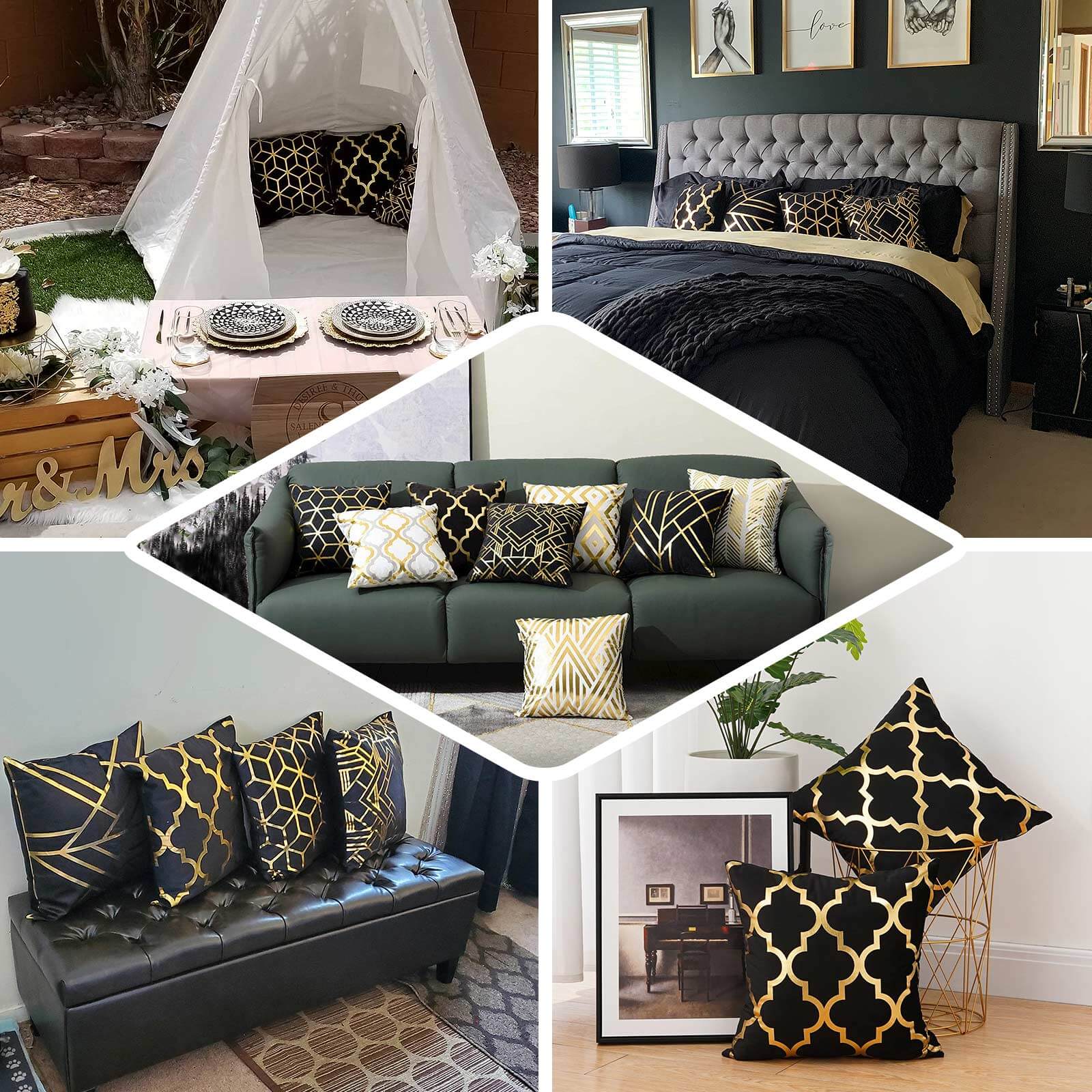 Set Of 4 18" Black Gold Foil Geometric Print Throw Pillow Covers, Velvet Square Sofa Cushion Covers