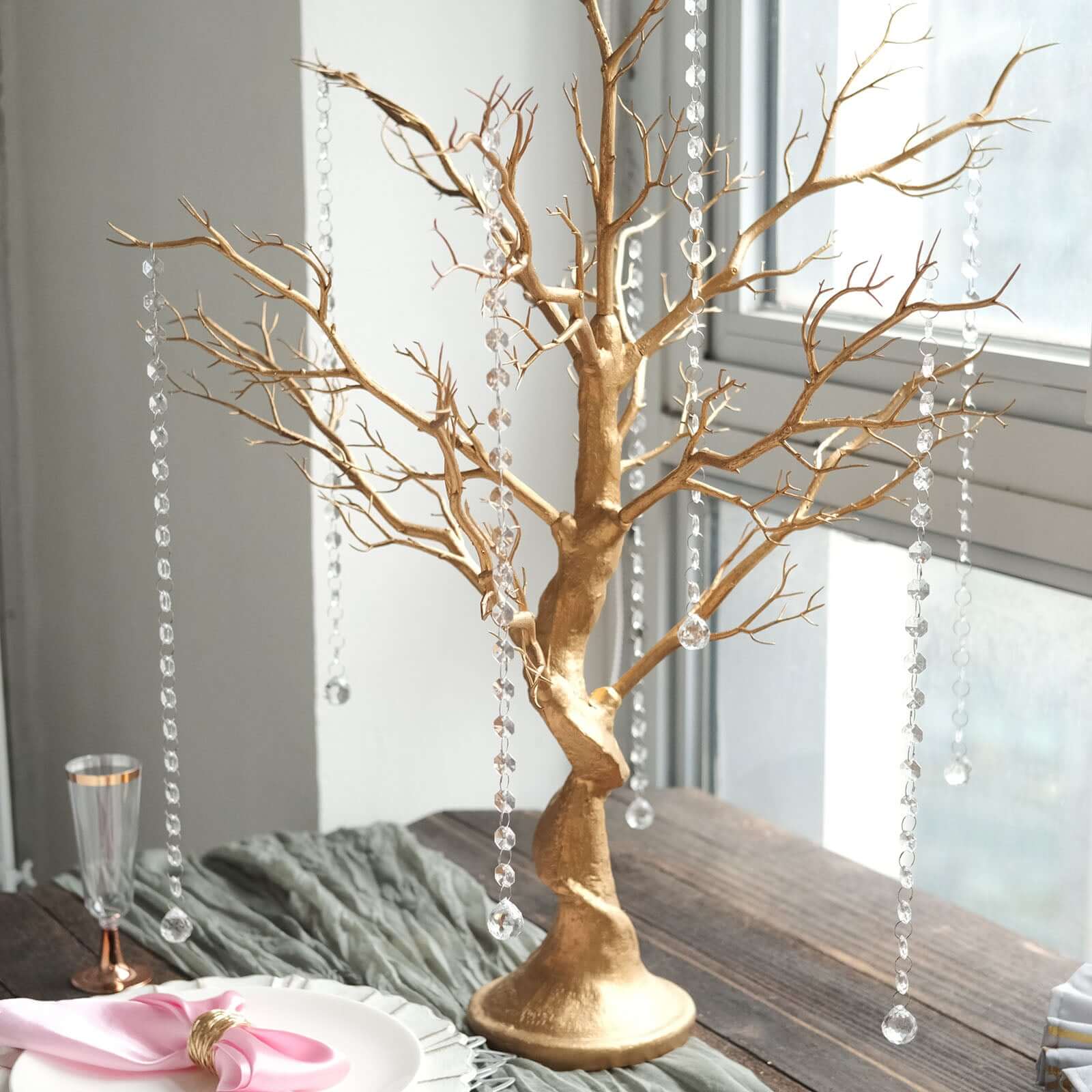 Manzanita Tree Centerpiece Metallic Gold with 8 Acrylic Bead Chains - Easy Assembly Decorative Artificial Tree for Modern Weddings Parties & Event Displays 34"