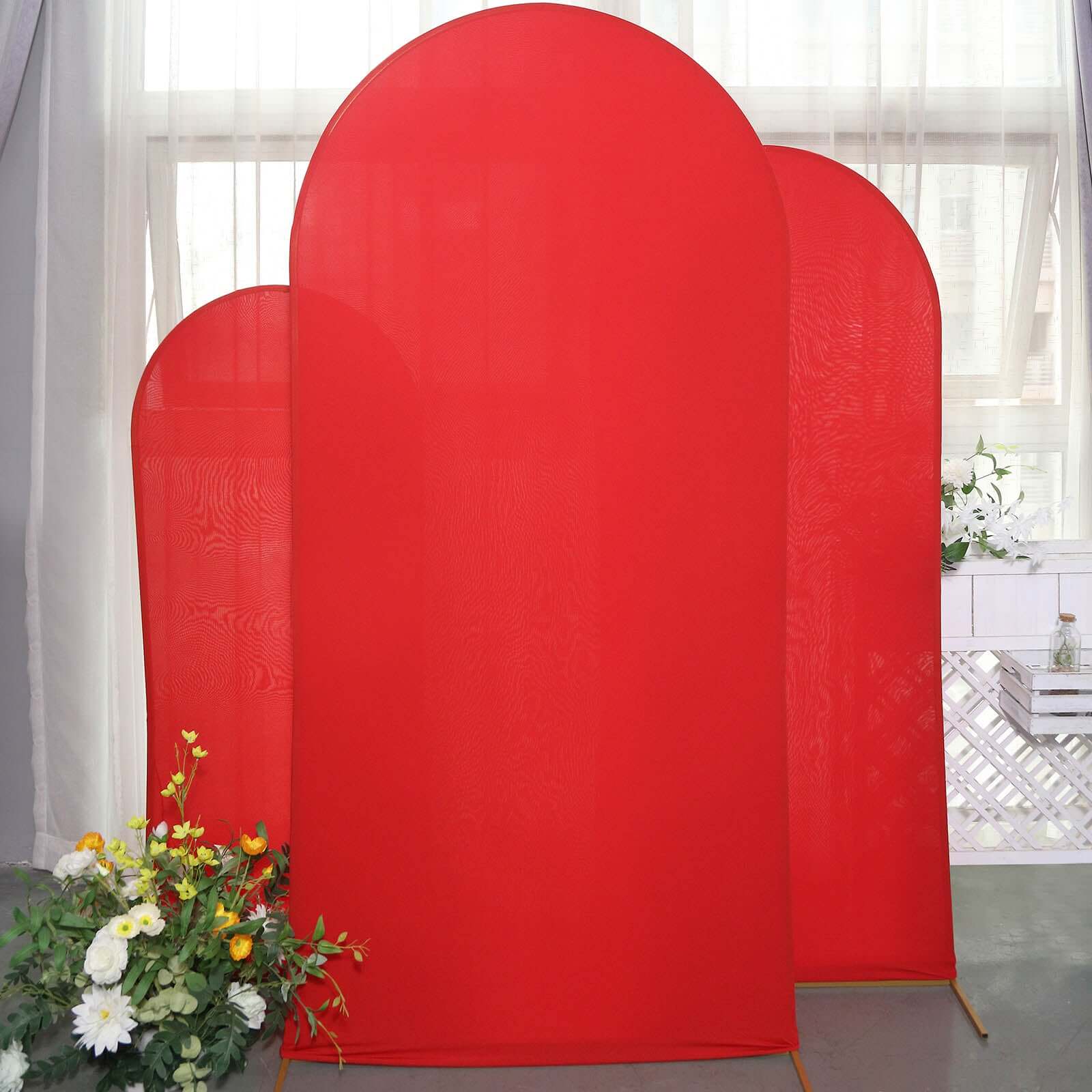 Set of 3 Matte Red Spandex Fitted Chiara Backdrop Stand Cover For Round Top Wedding Arch - 5ft, 6ft, 7ft