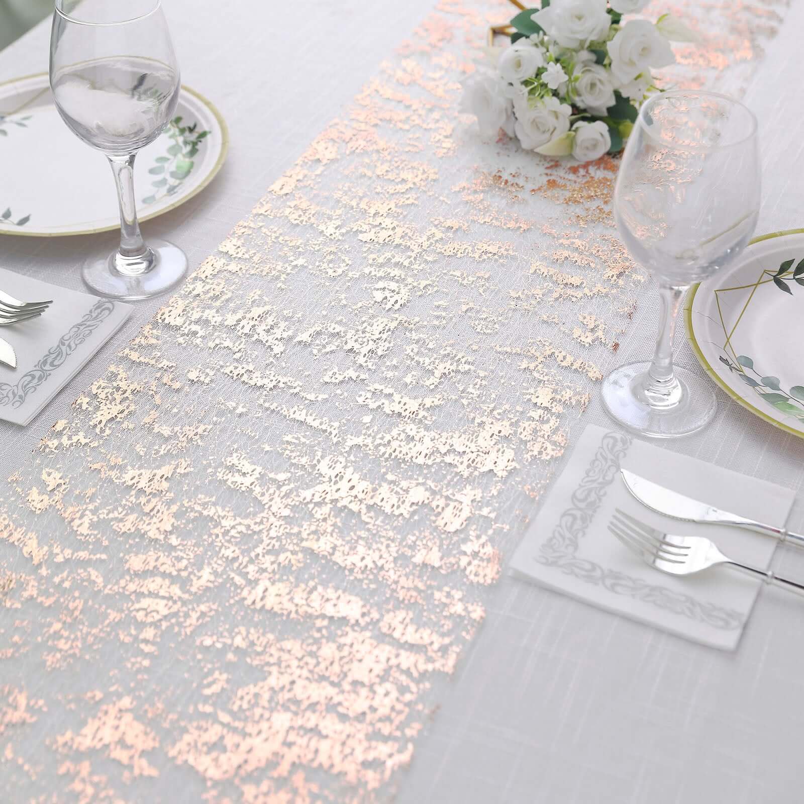 Mesh Polyester 108" Table Runner Roll Metallic Rose Gold - Distressed Foil Look Disposable Table Decor