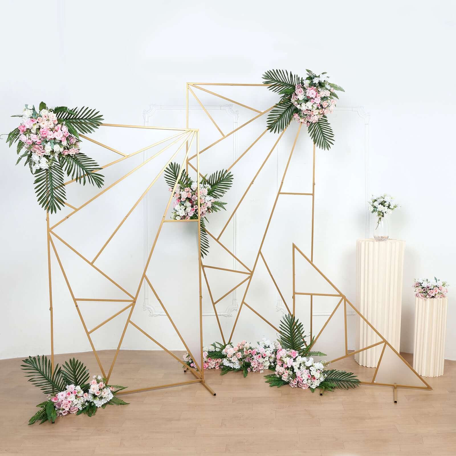 7ft Tall Gold Metal Rectangular Geometric Flower Frame Prop Stand, Wedding Backdrop Floor Stand With Cloudy Film Insert