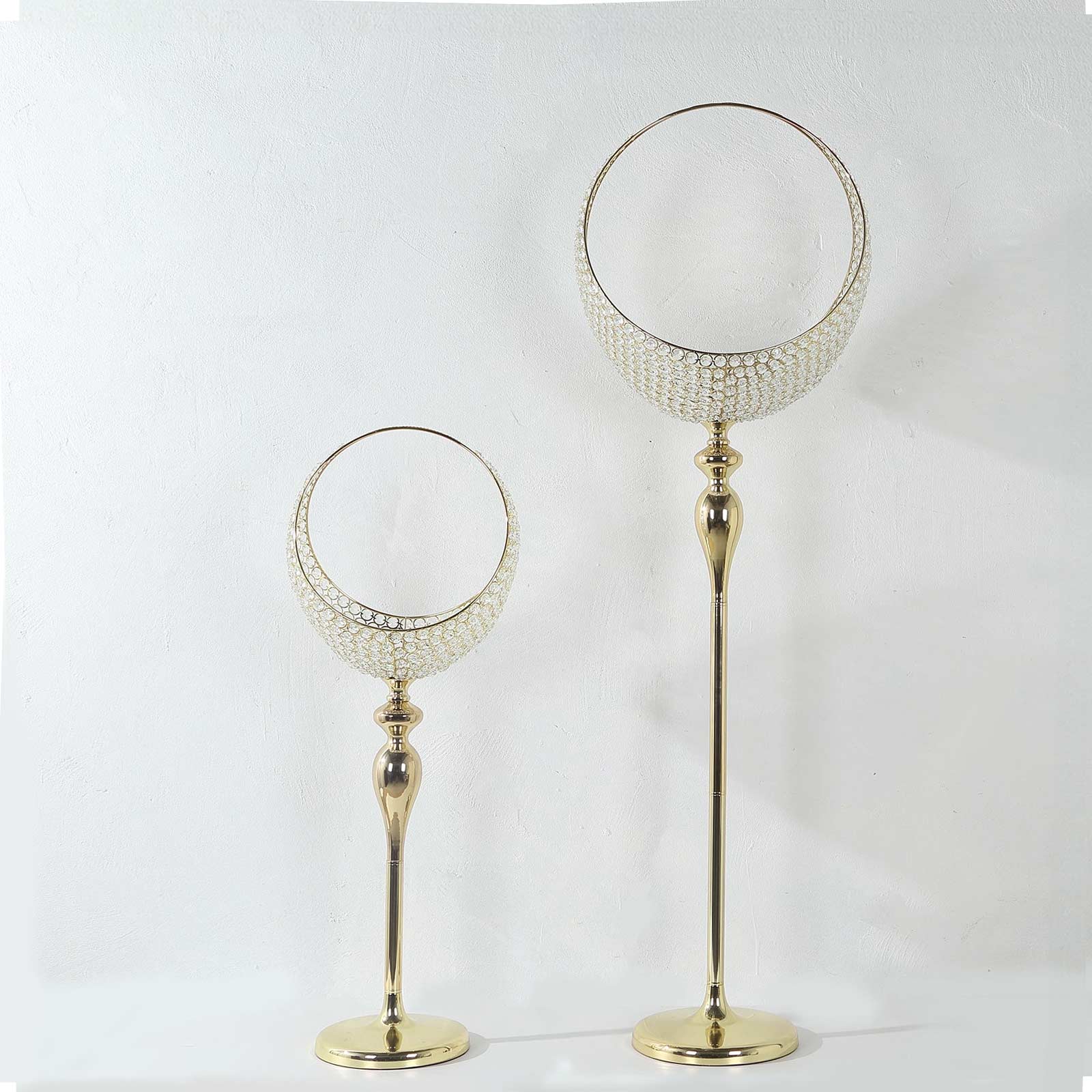 Metal Crystal Beaded Candle Holder Stand, Half Moon Basket Design Gold Wedding Flower Centerpiece with Round Stable Base 4.5ft Tall