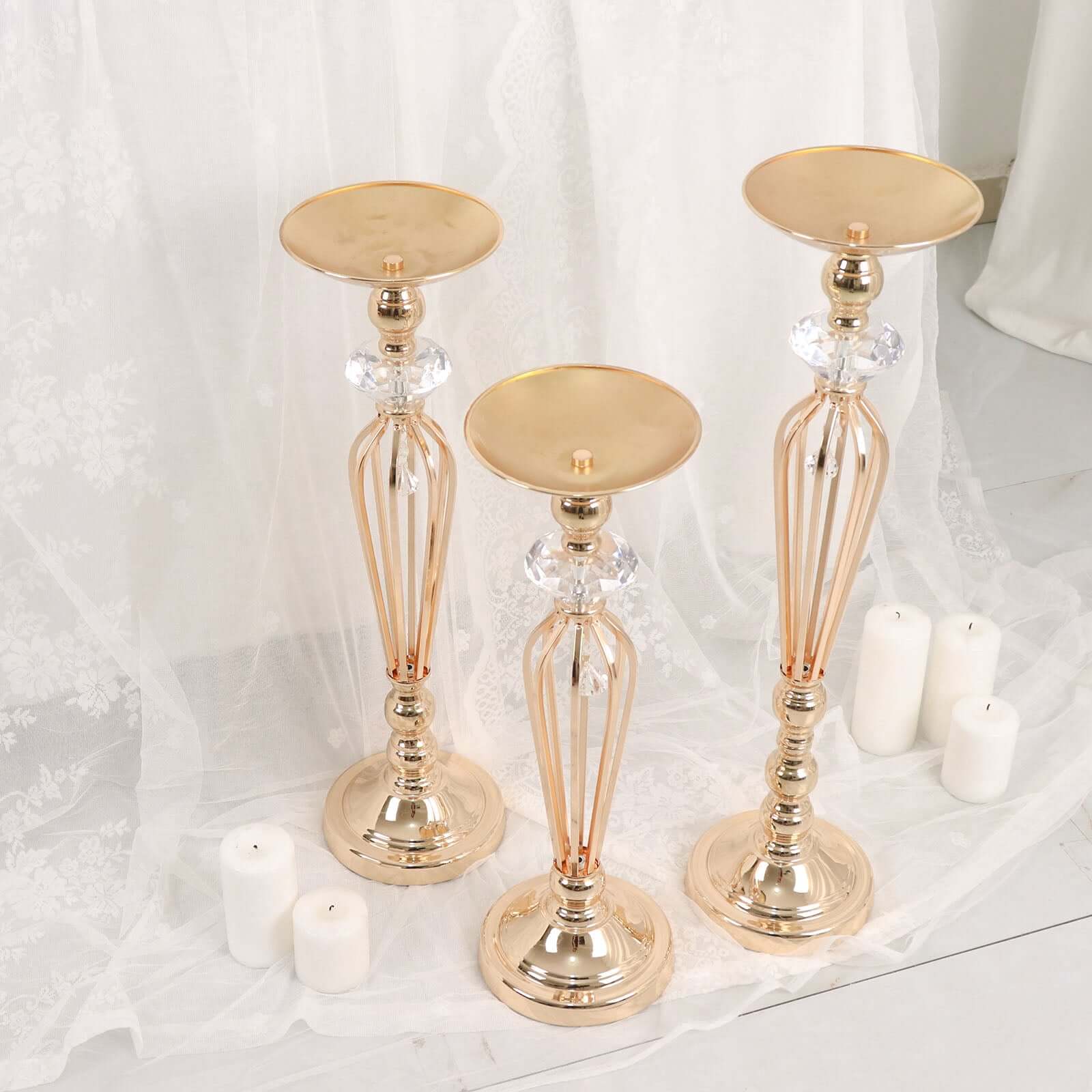 Set of 3 Metal Pedestal Stands with Crystal Ball Flower Bowl Design Gold - Pillar Candle Holders 20", 23", 25"