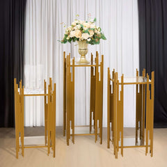 Set of 3 Wedding Pedestal Stands Square Acrylic Plate Design Gold - Metal Flower Display Plinths 26",30",34"