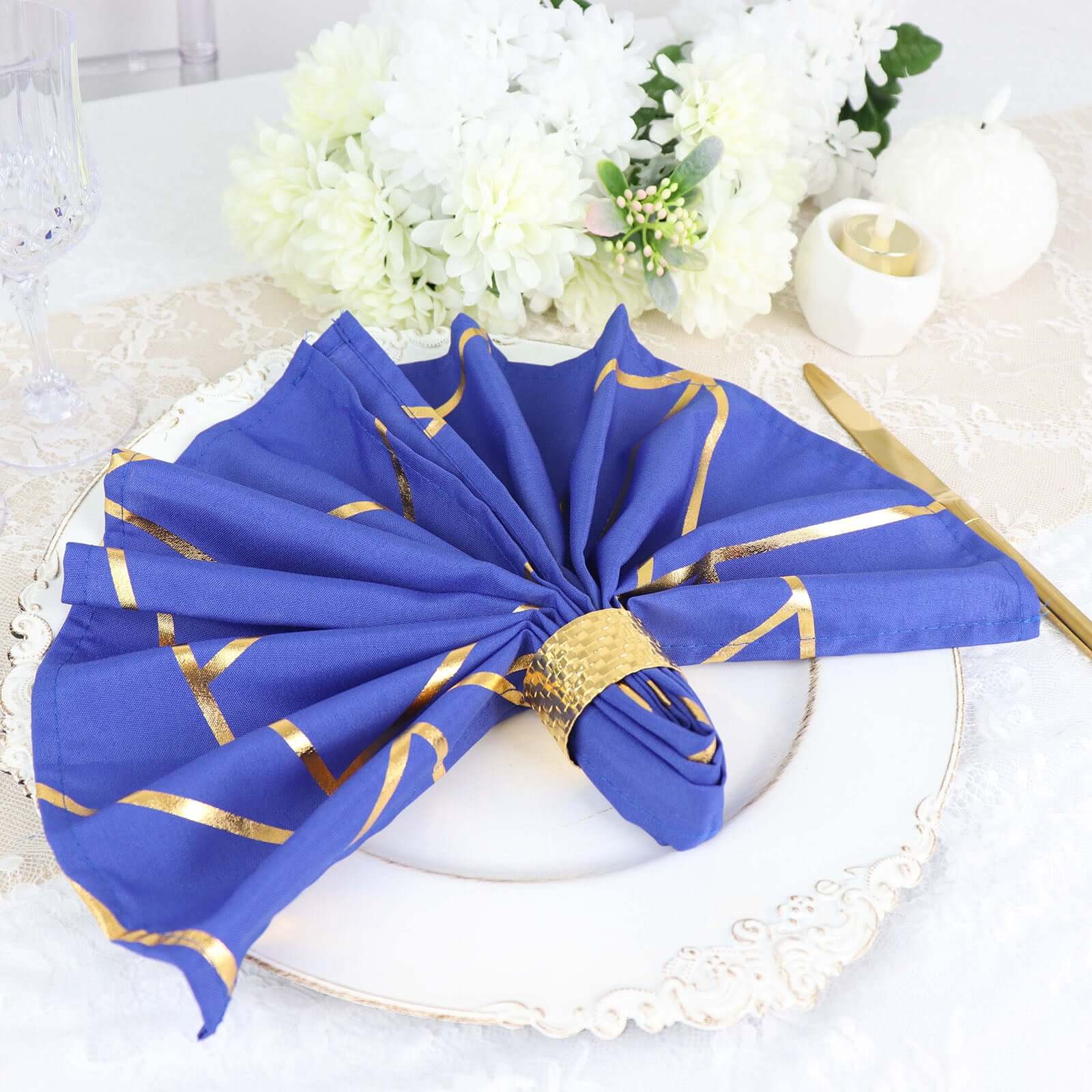 5 Pack Polyester 20"x20" Napkins Royal Blue with Gold Geometric Foil Pattern - Modern Reusable Dinner Napkins