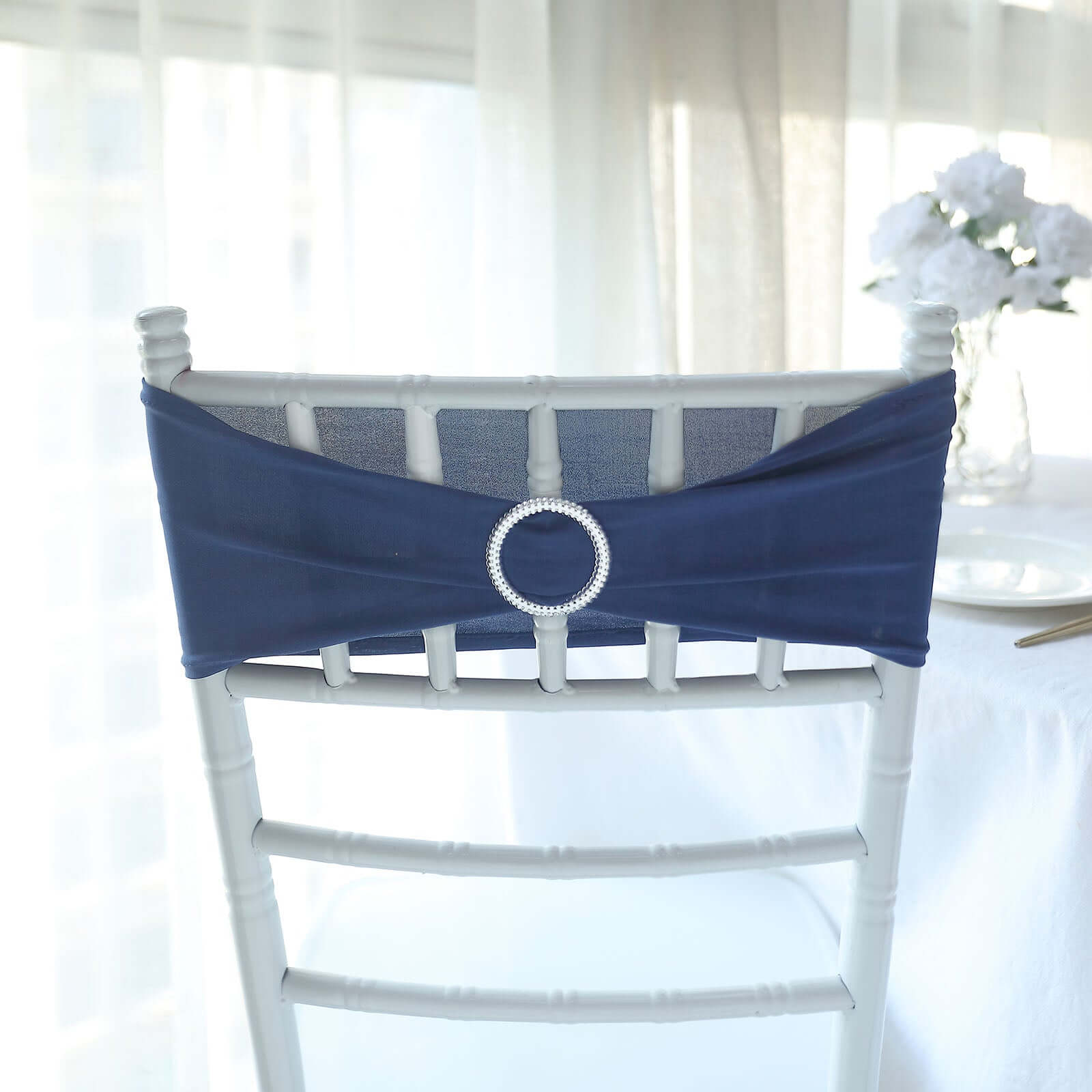 5 Pack Stretch Spandex Chair Sashes Navy Blue - Reusable Chair Bands with Silver Diamond Ring Slide Buckle 5"x14"