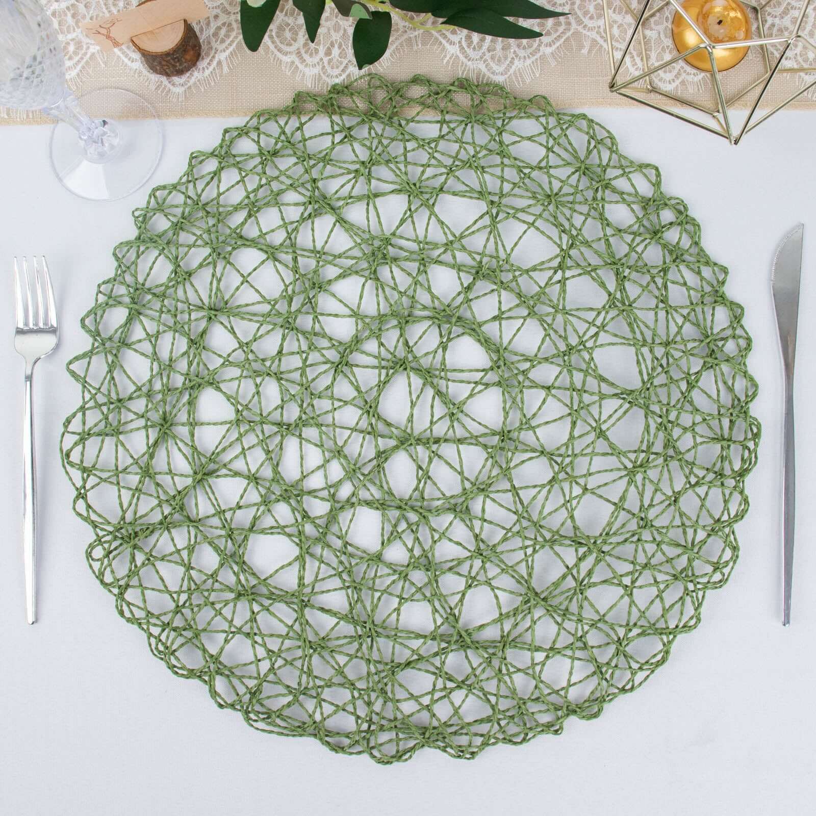 6-Pack Table Placemats Woven Fiber Design Olive Green Round - Disposable Mats for Dining and Events 15"