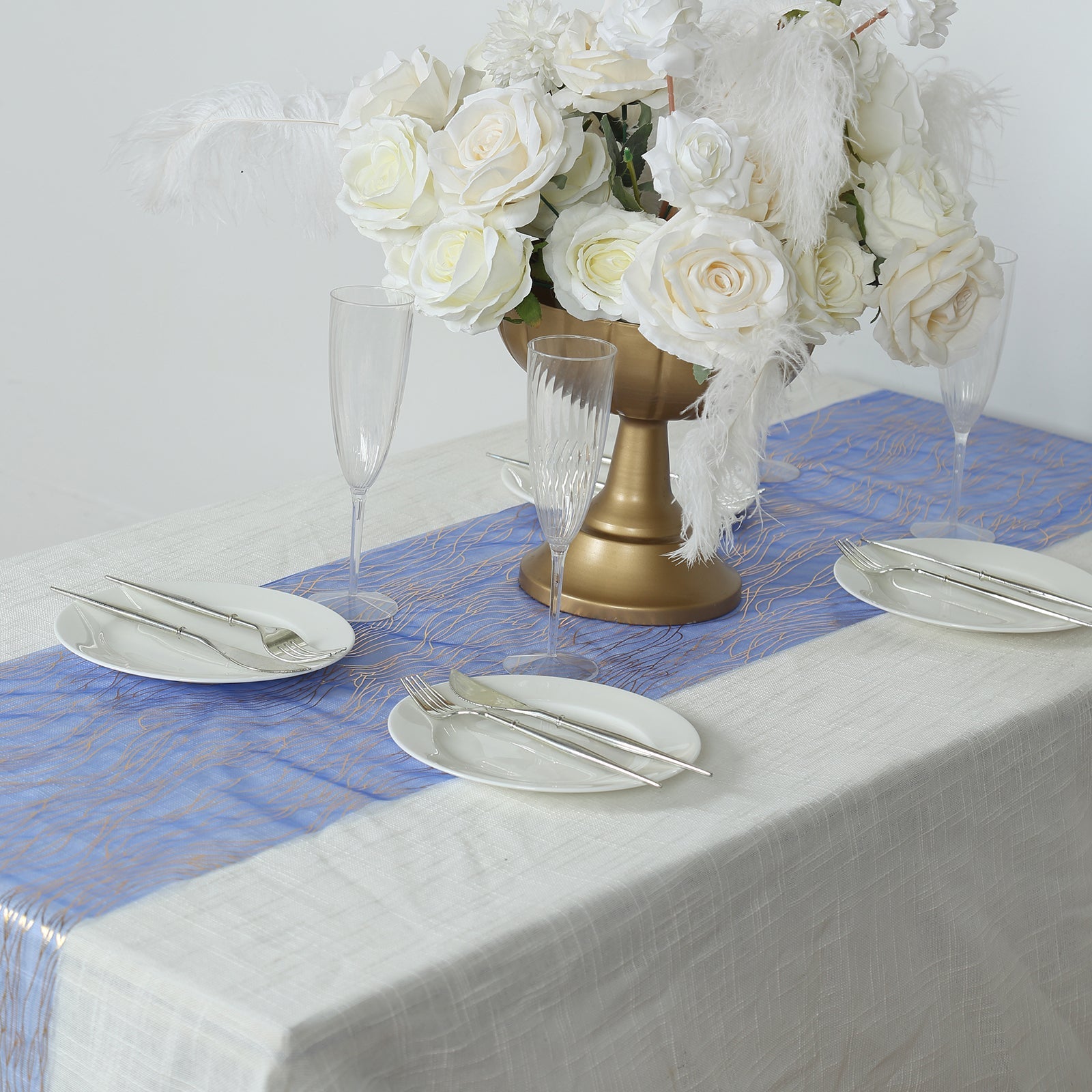 5 Pack Organza 12"x108" Table Runners Royal Blue - Gold Wave Design