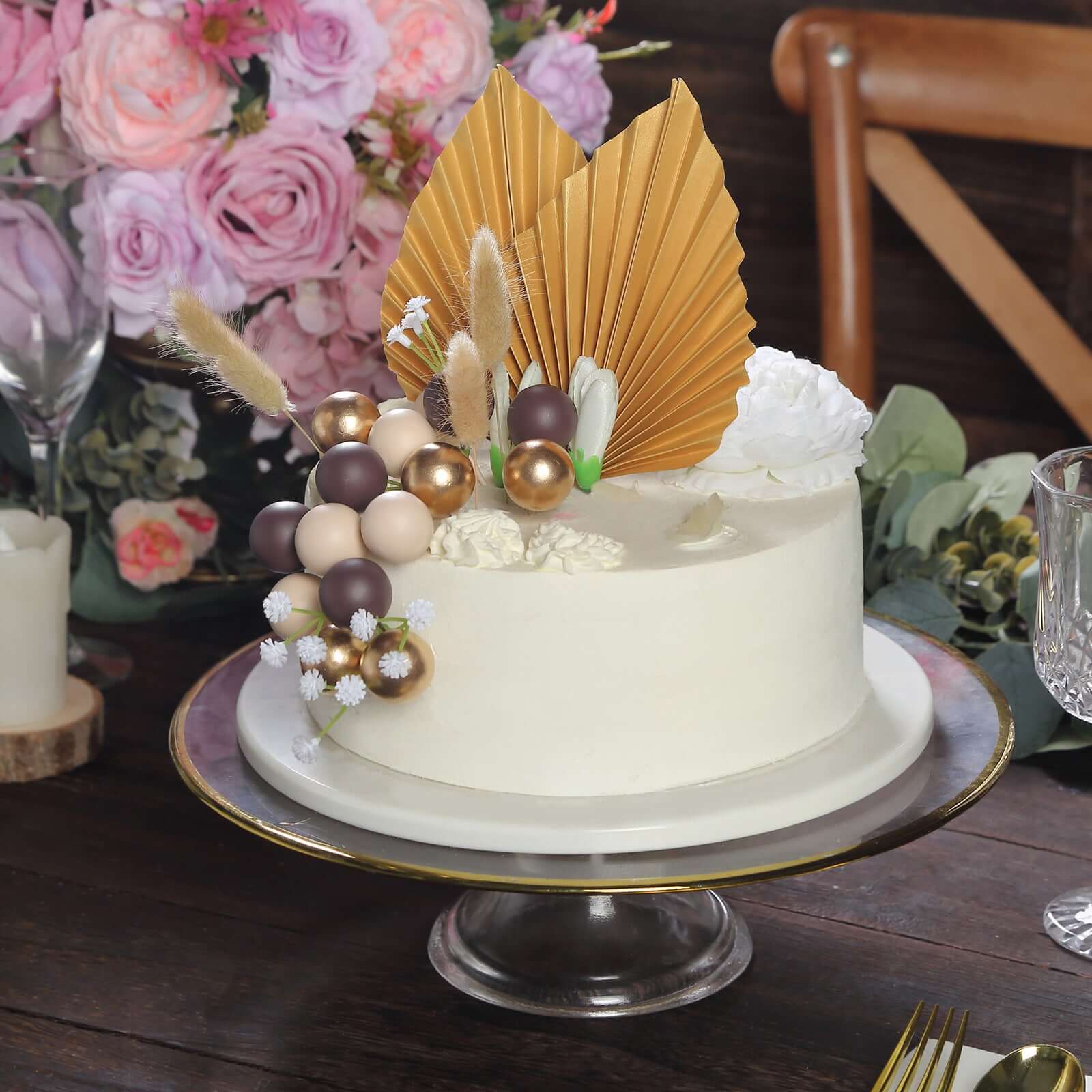 25-Pack Cake Toppers Gold Boho Style Palm Leaf and Flower Ball Design - Coffee Ball Cake Decoration Set Assorted