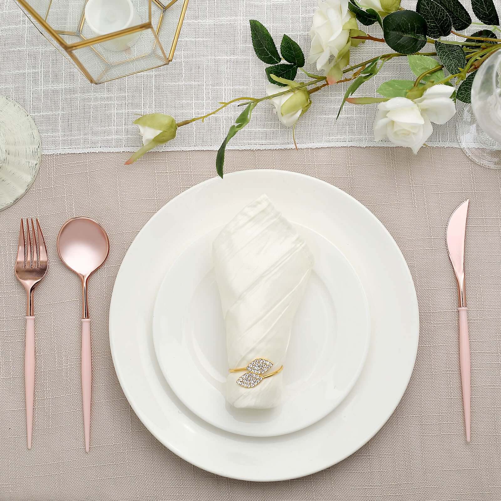 24-Pack Plastic Flatware Set in Rose Gold with Blush Handle - Heavy Duty Disposable Modern Silverware 8"