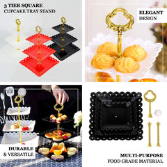 3-Tier Plastic Square Cupcake Stand Tower White - Charming Disposable Dessert Display Serving Tray Platter with Heart Wavy Edge & Gold Top Handle for Tea Parties Weddings & Special Occasions 13"