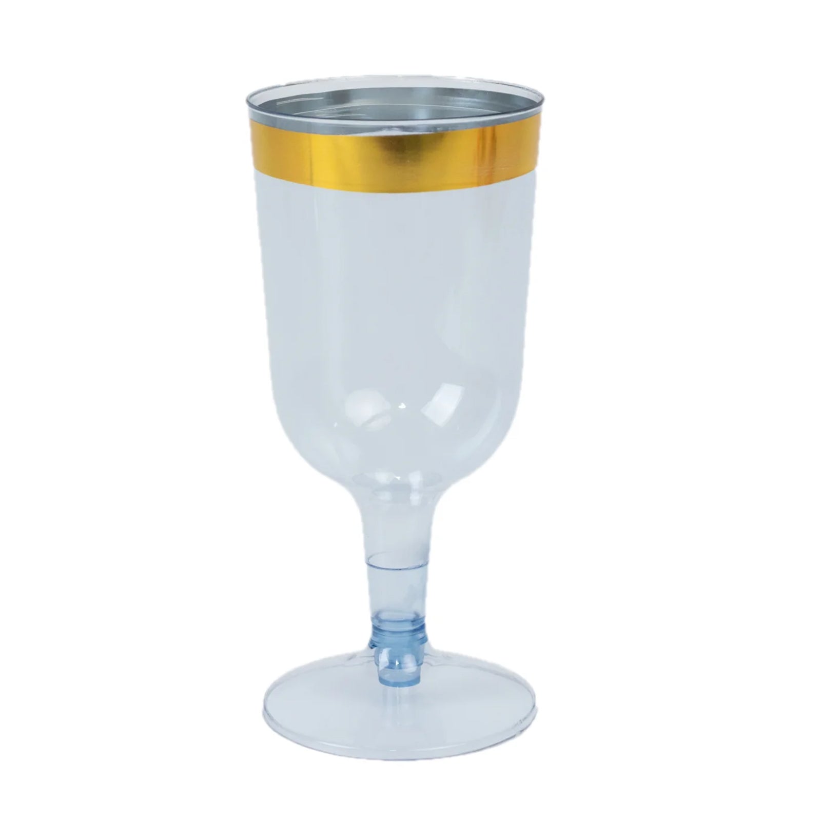 12 Pack Plastic Short Stem Wine Glasses Transparent Dusty Blue/Gold Rim - Stylish Disposable Drinkware 6oz