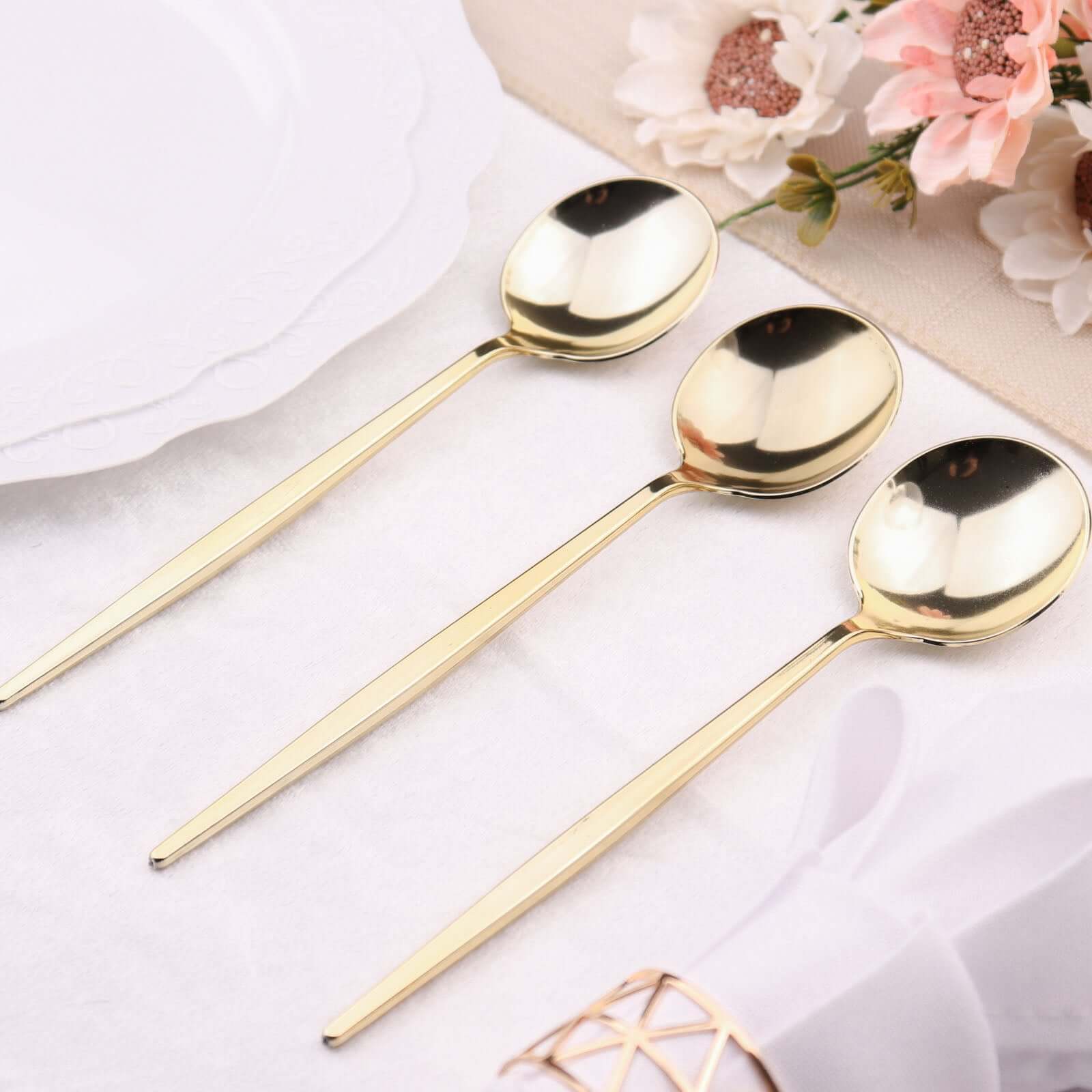 24-Pack Plastic Spoons Glossy Gold - Premium Heavy Duty Disposable Silverware 8"