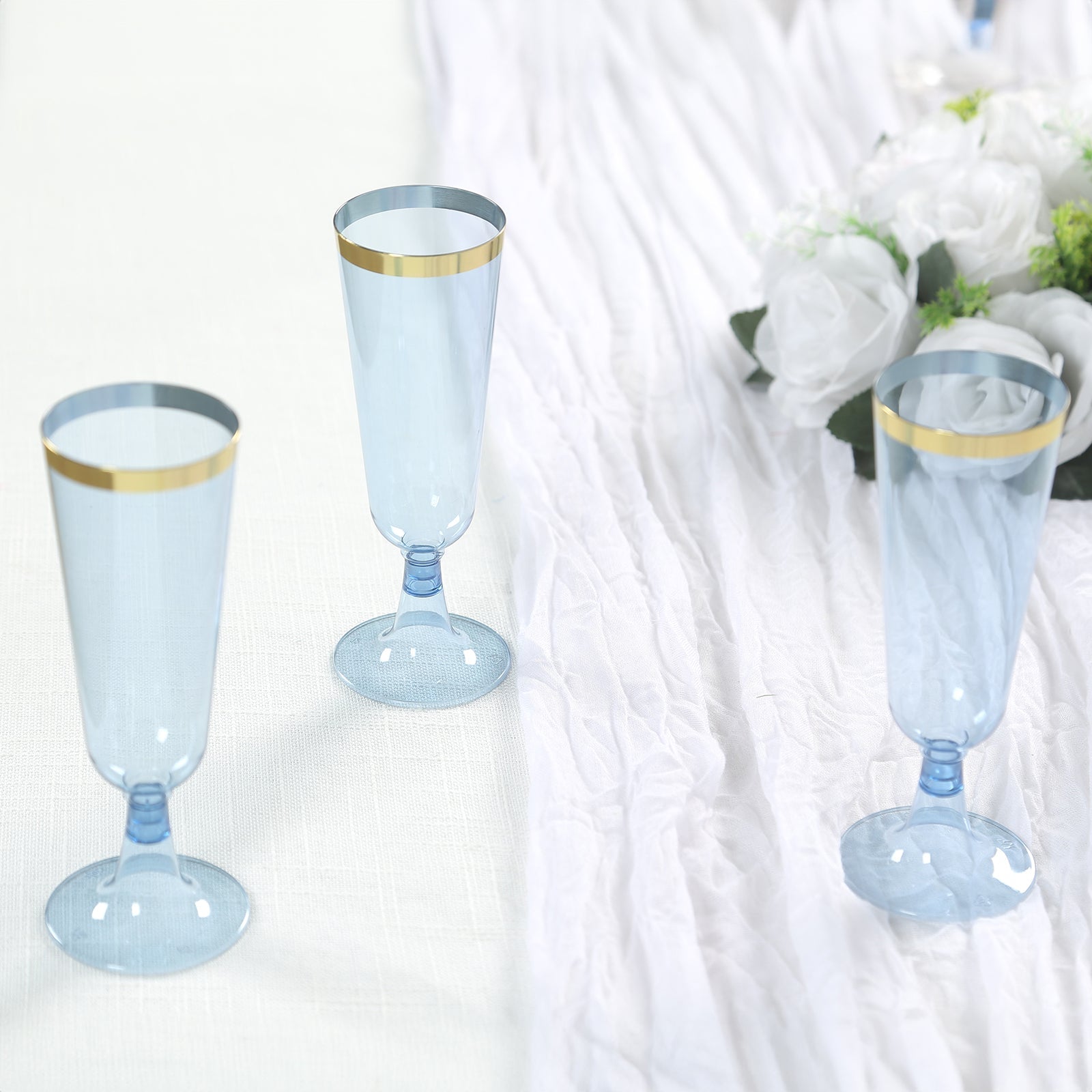 12-Pack Plastic Champagne Flutes Transparent Dusty Blue with Gold Rim - Stylish Disposable Cocktail Glasses for Parties 5oz 6"