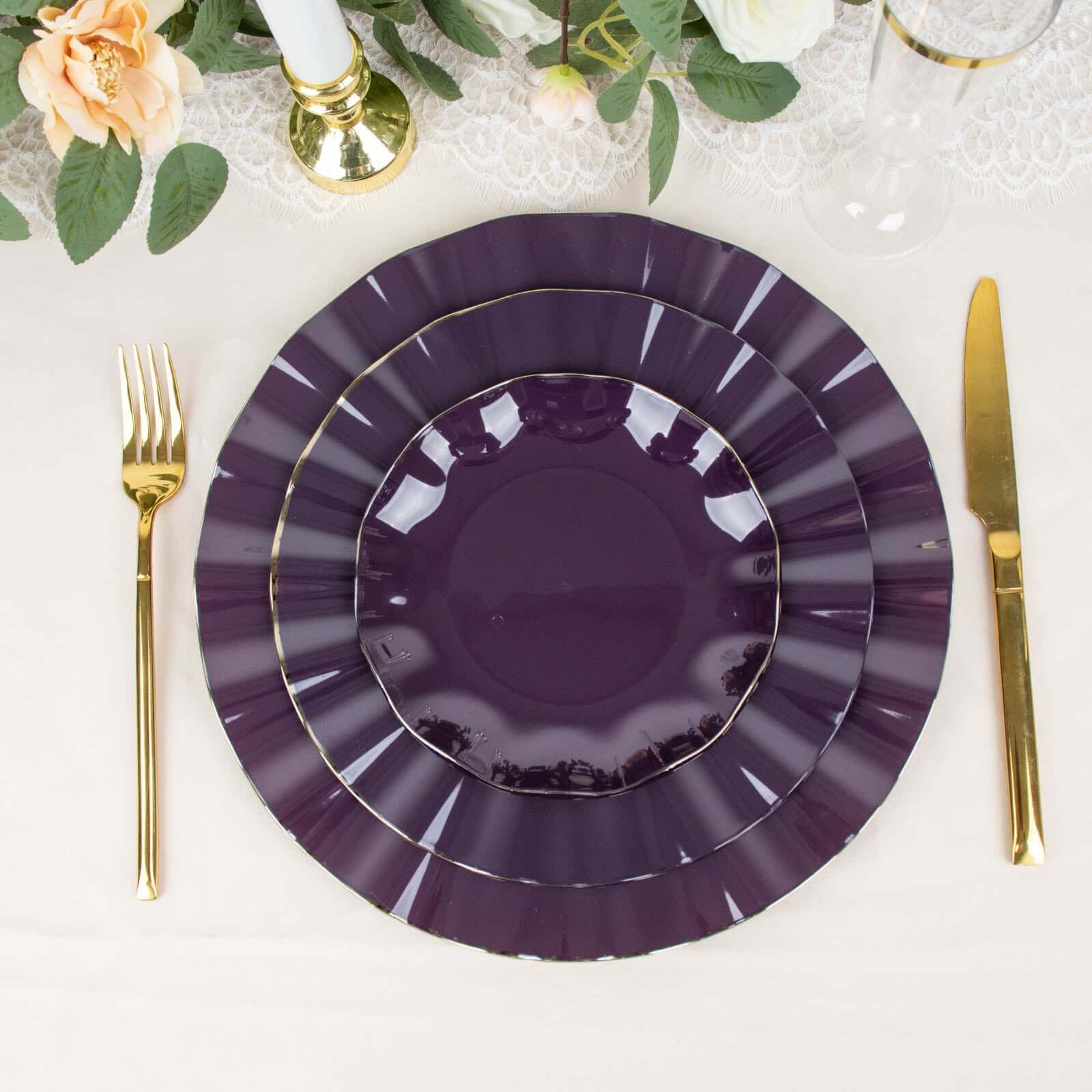 10-Pack Plastic Round 6" Dessert Plates in Purple Ruffled Rim with Gold Edging - Sturdy Disposable Salad Appetizer Dinnerware