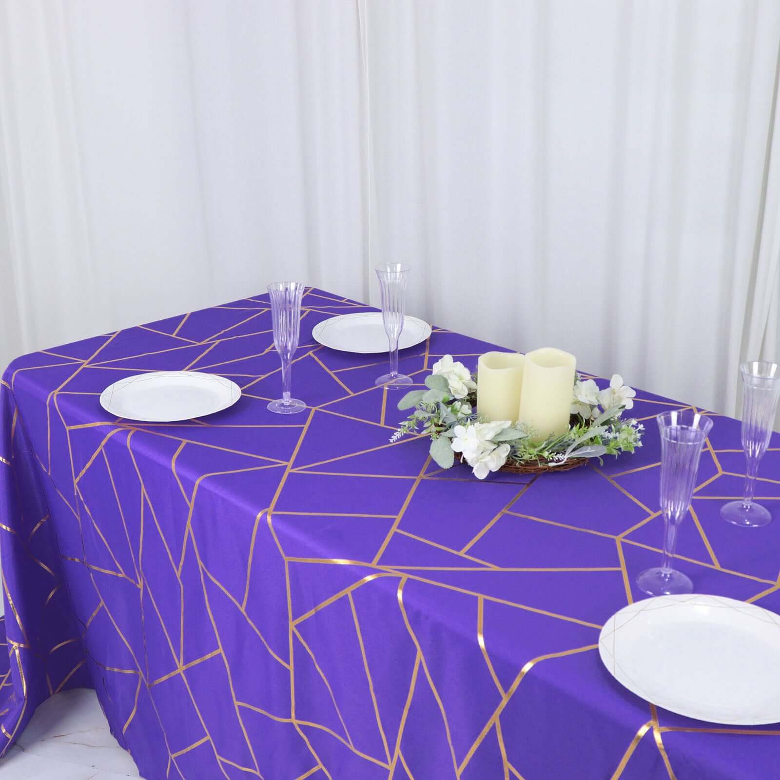 Polyester 90"x132" Rectangle Tablecloth Purple Seamless with Gold Foil Geometric Pattern - Wrinkle-Resistant Seamless Table Cover