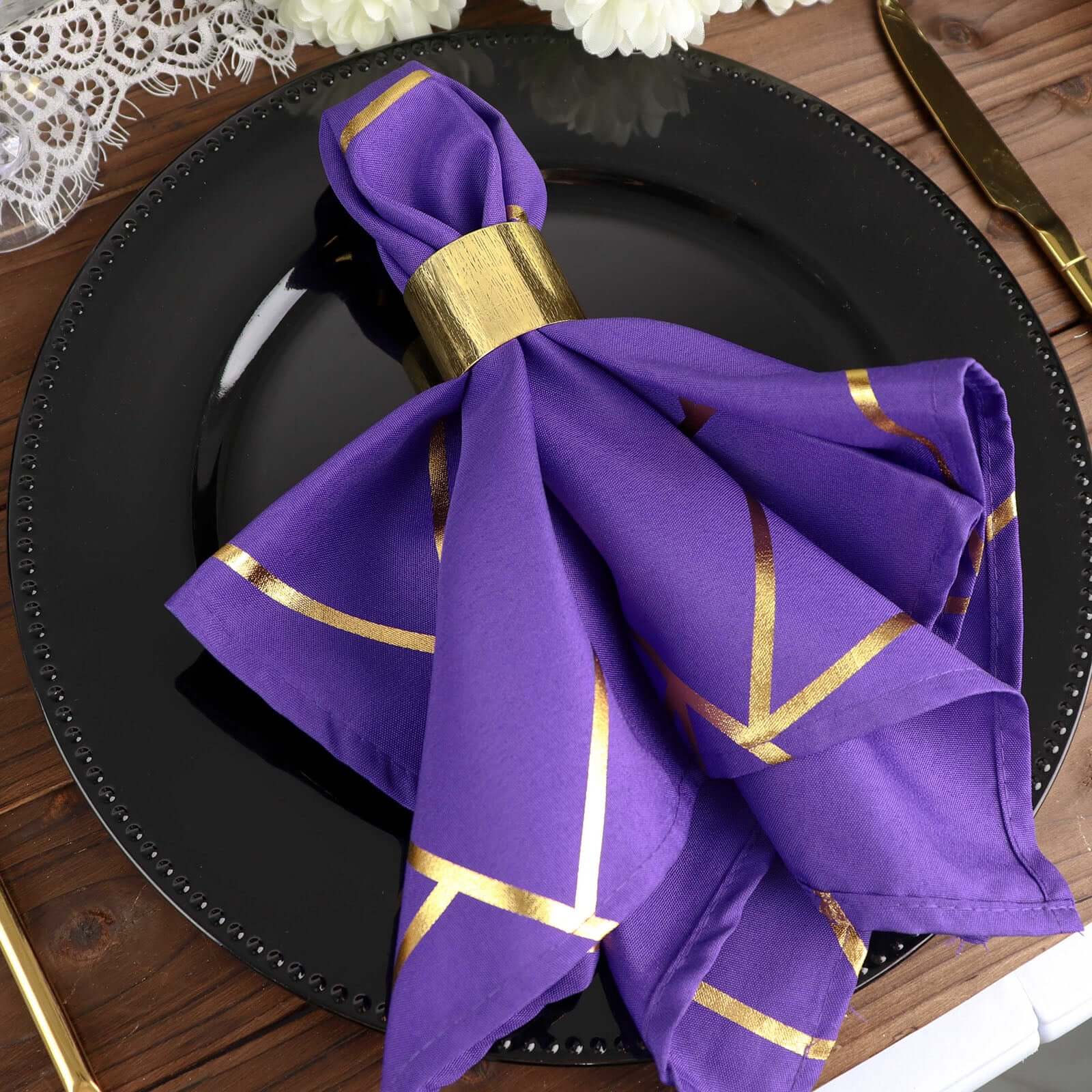 5 Pack Polyester 20"x20" Napkins Purple with Gold Geometric Foil Pattern - Modern Reusable Dinner Napkins
