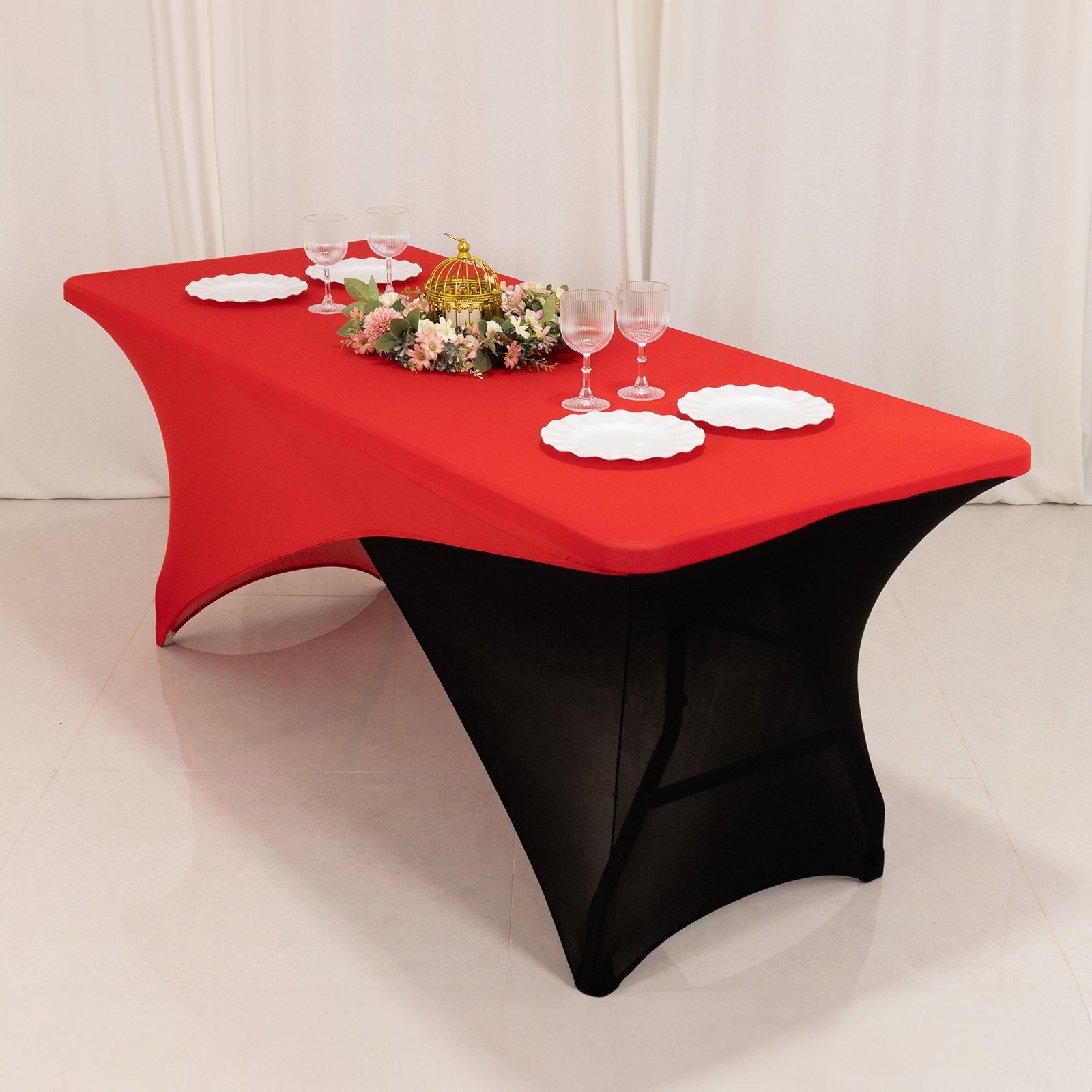 Stretch Spandex 72"x30" Rectangle Table Cover Red/Black Cross Over Design - Two-Piece Fitted Tablecloth with Elastic Foot Pockets